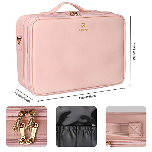 Relavel Travel Makeup Train Case Makeup Cosmetic Case Organizer Portable Artist Storage Bag with Adjustable Dividers for Cosmetics Makeup Brushes Toiletry Jewelry Digital Accessories Black