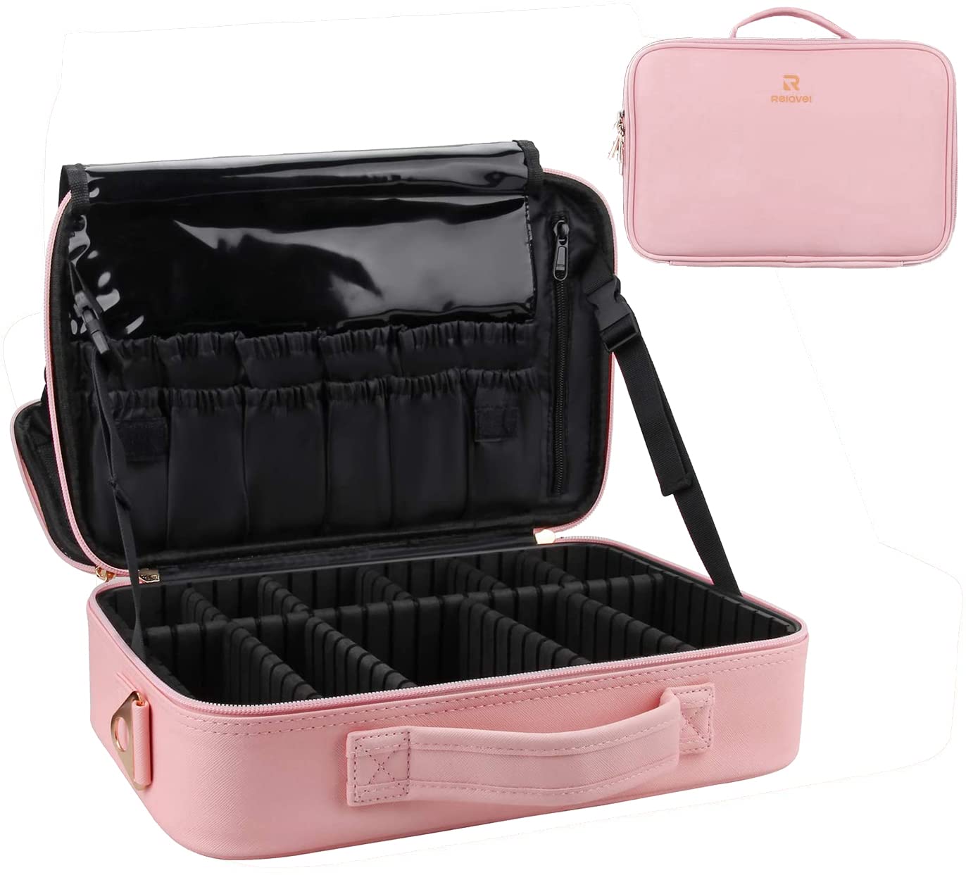 Relavel Travel Makeup Train Case Makeup Cosmetic Case Organizer Portable Artist Storage Bag with Adjustable Dividers for Cosmetics Makeup Brushes Toiletry Jewelry Digital Accessories Black