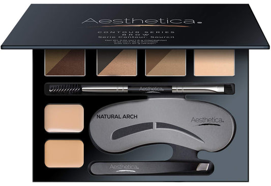 Aesthetica Brow Contour Kit 16-Piece Eyebrow Makeup Palette Set 6 Eyebrow Powders, 5 Eyebrow Stencils, Spoolie/Brush Duo, Tweezers, Eye Brow Wax, Highlighter - Unique Gifts For Women For Her Birthday