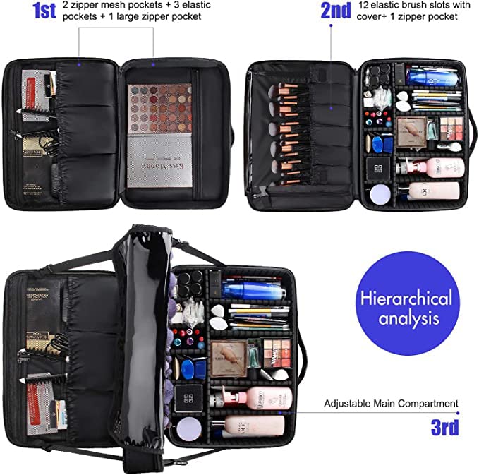 Relavel Travel Makeup Train Case Makeup Cosmetic Case Organizer Portable Artist Storage Bag with Adjustable Dividers for Cosmetics Makeup Brushes Toiletry Jewelry Digital Accessories Black