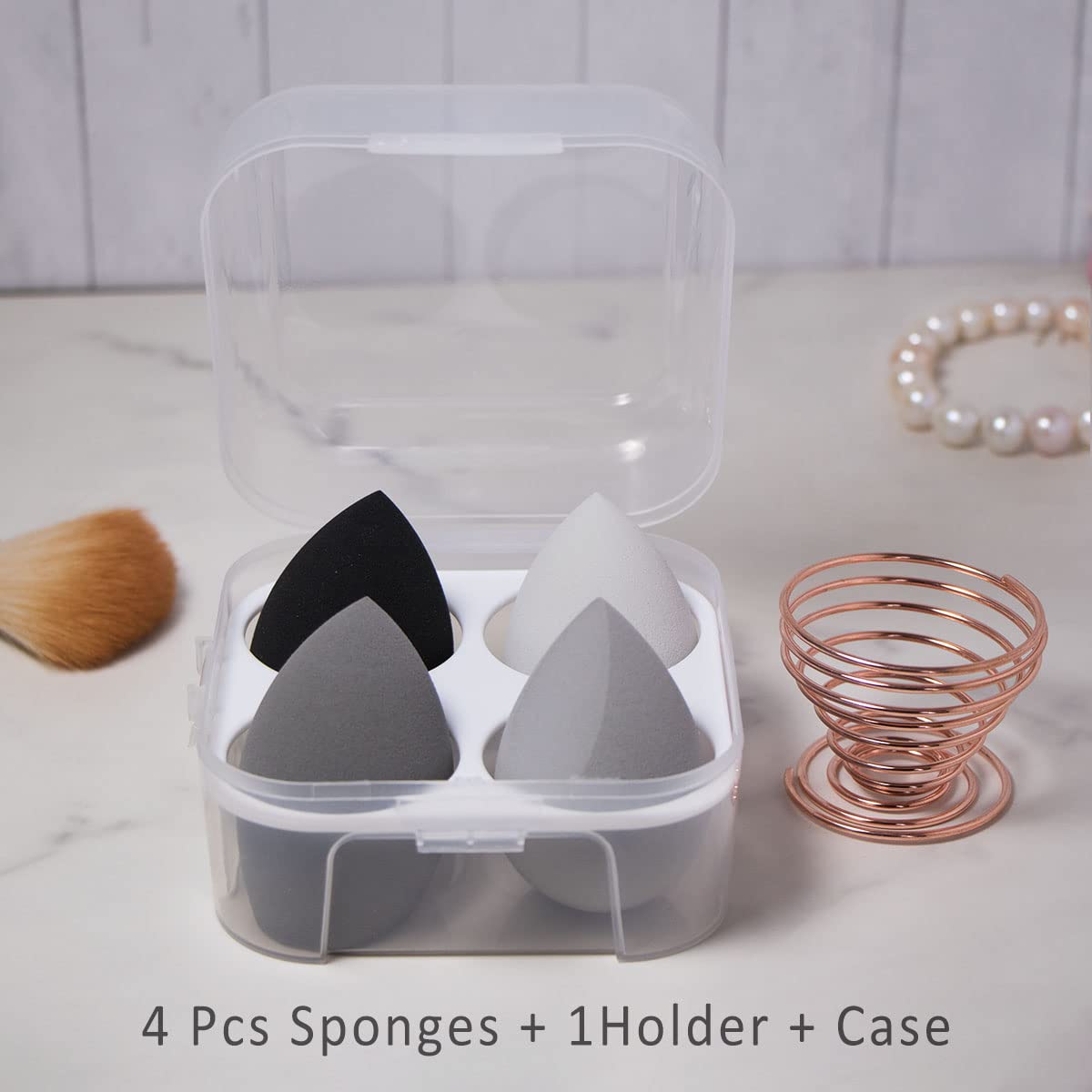 5 Pcs Makeup Sponges Set - 4 Beauty sponges Blending Blenders with 1 Holder and Egg Case, Flawless for Cream, Powder and Liquid (Pink)