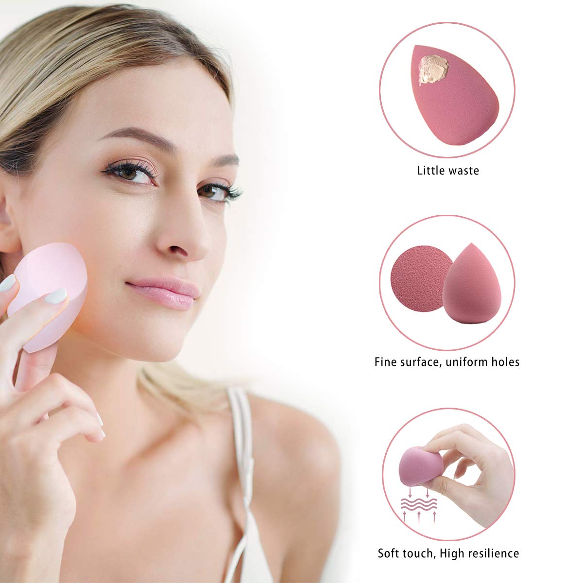 5 Pcs Makeup Sponges Set - 4 Beauty sponges Blending Blenders with 1 Holder and Egg Case, Flawless for Cream, Powder and Liquid (Pink)