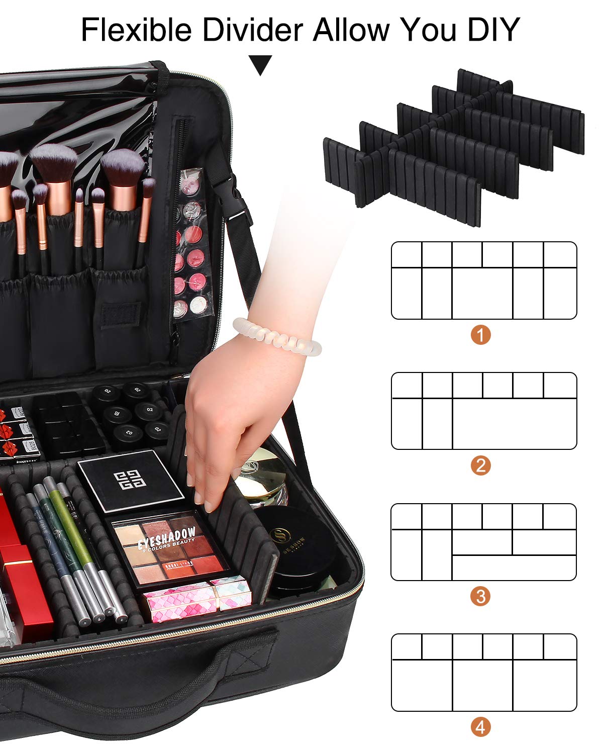 Relavel Travel Makeup Train Case Makeup Cosmetic Case Organizer Portable Artist Storage Bag with Adjustable Dividers for Cosmetics Makeup Brushes Toiletry Jewelry Digital Accessories Black