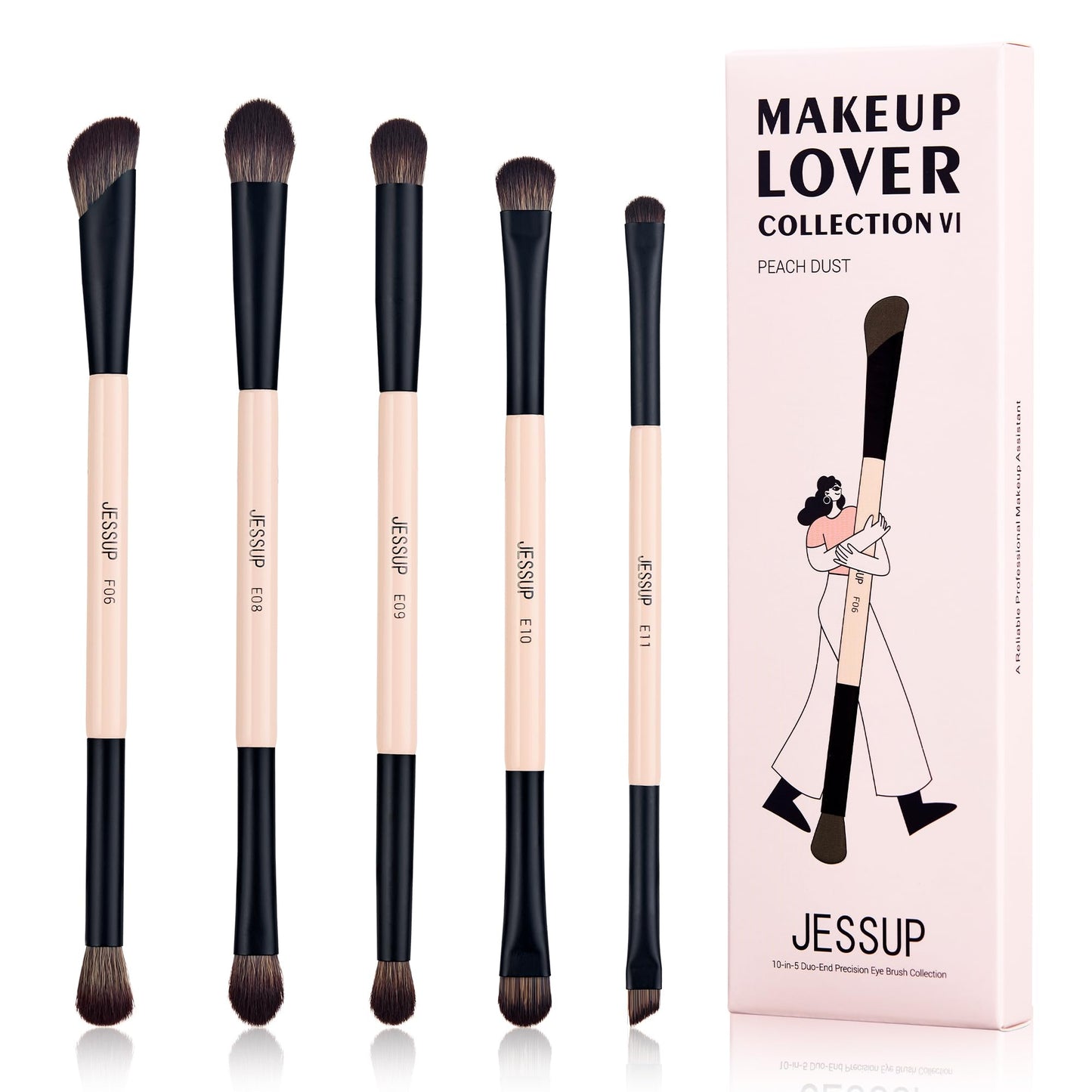 Jessup Makeup Brushes 5pcs Double Ended Eyeshadow Brush Contour Brush Blending Brush Eyeliner Brush Shader Brush, Vegan Fiber Precision Eye Brush Set Peach Dust T509