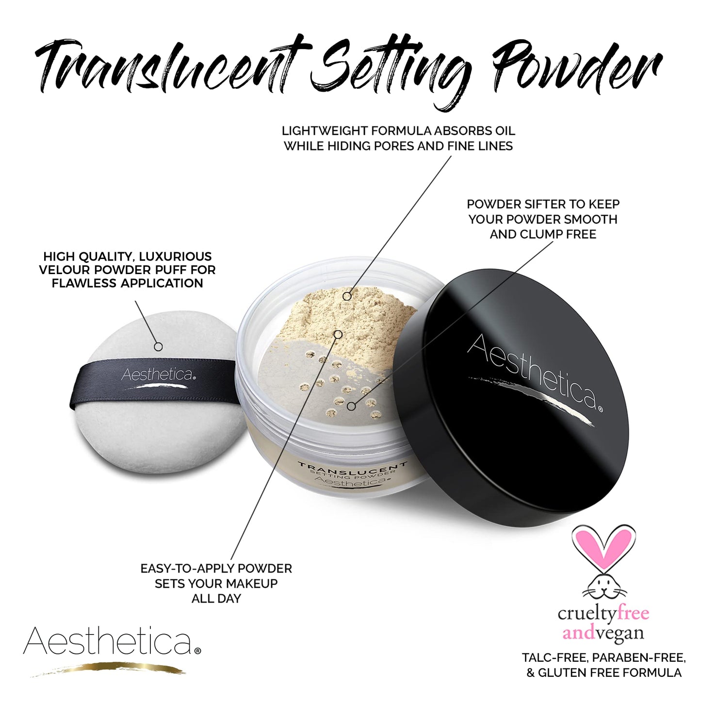 Aesthetica Banana Loose Setting Powder - Flash Friendly Superior Matte Finish Highlighter & Finishing Powder - Includes Velour Puff