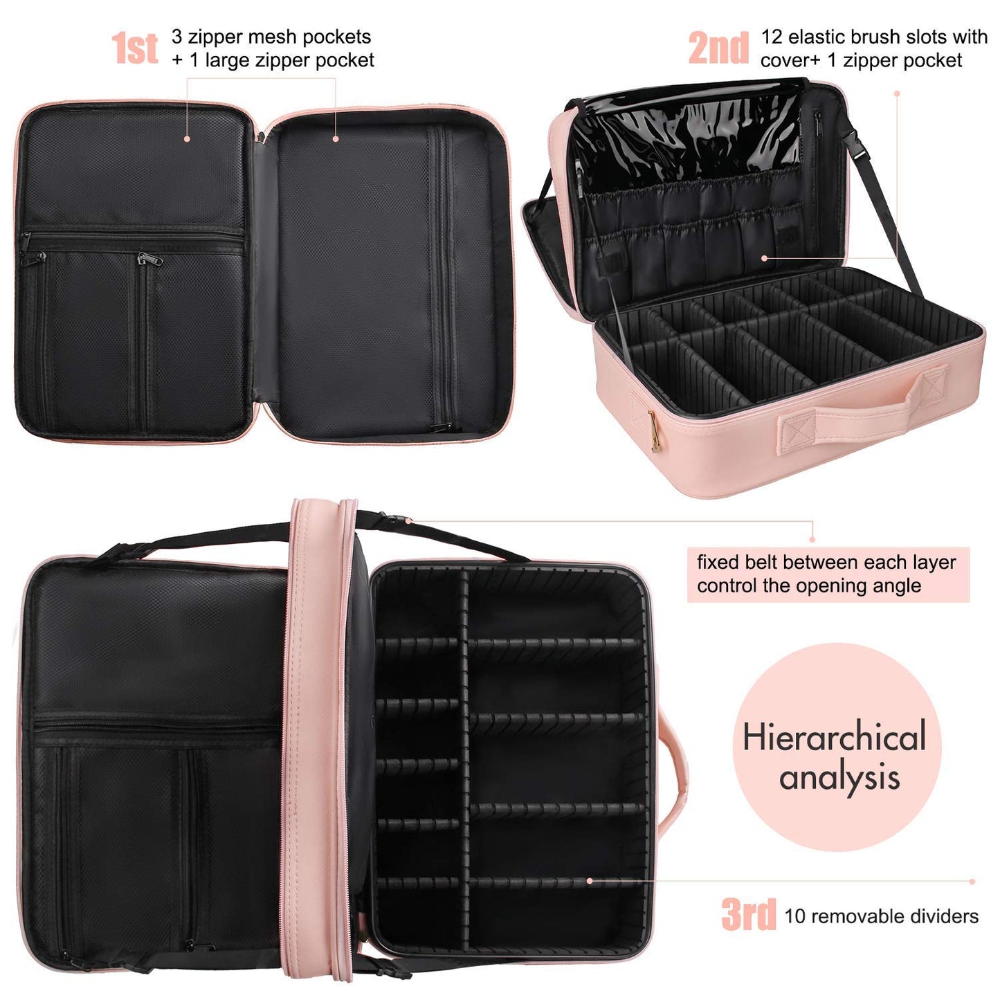 Relavel Travel Makeup Train Case Makeup Cosmetic Case Organizer Portable Artist Storage Bag with Adjustable Dividers for Cosmetics Makeup Brushes Toiletry Jewelry Digital Accessories Black