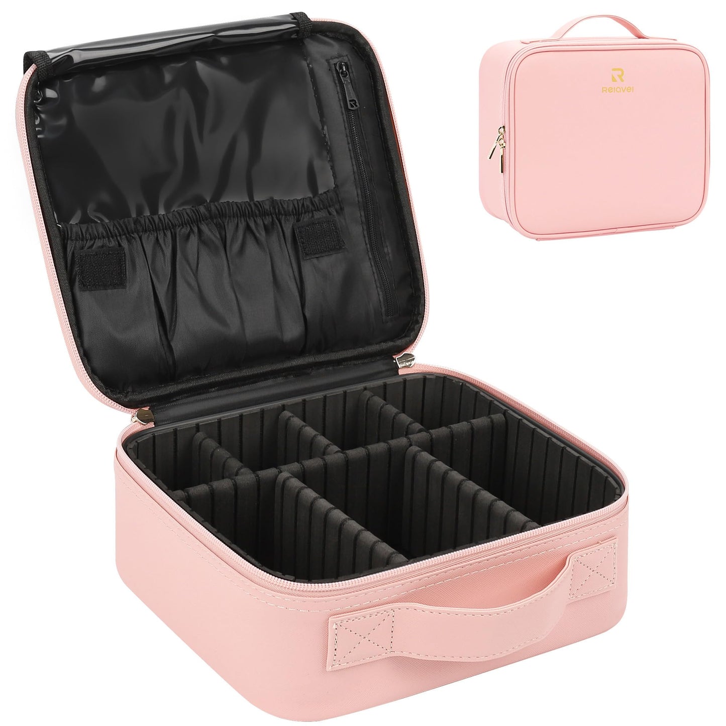 Relavel Travel Makeup Train Case Makeup Cosmetic Case Organizer Portable Artist Storage Bag with Adjustable Dividers for Cosmetics Makeup Brushes Toiletry Jewelry Digital Accessories Black