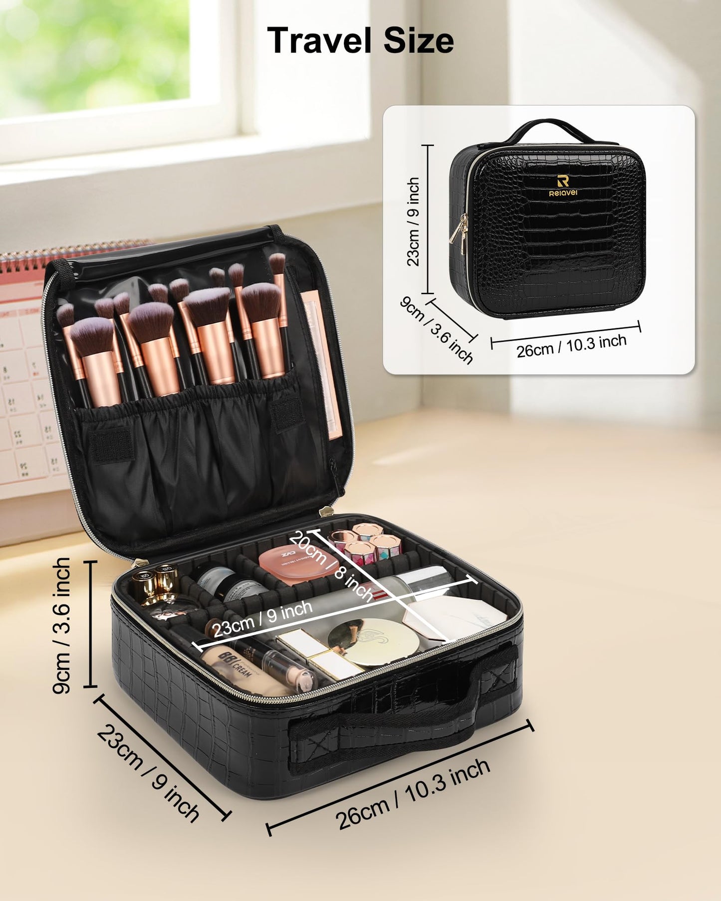 Relavel Travel Makeup Train Case Makeup Cosmetic Case Organizer Portable Artist Storage Bag with Adjustable Dividers for Cosmetics Makeup Brushes Toiletry Jewelry Digital Accessories Black