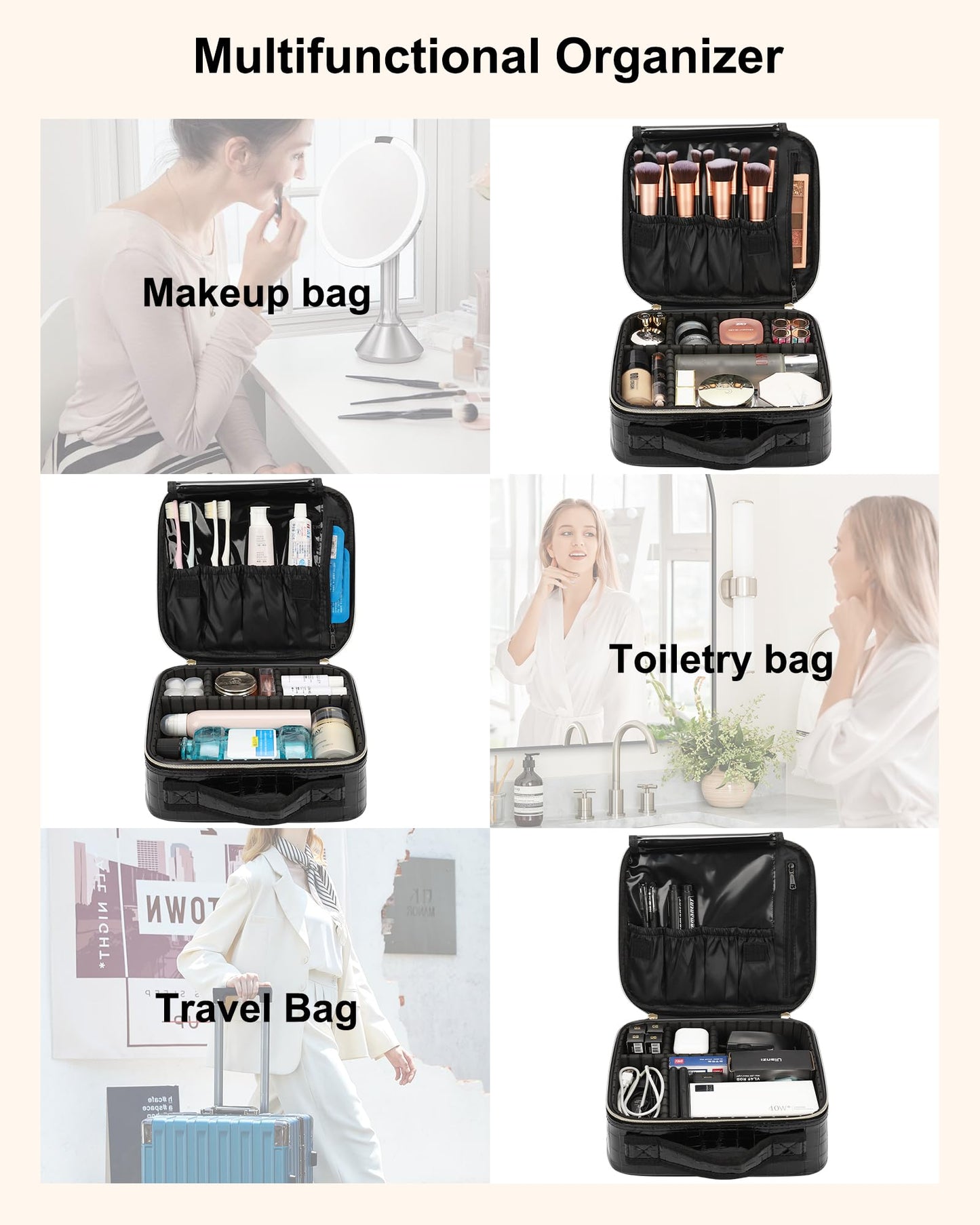 Relavel Travel Makeup Train Case Makeup Cosmetic Case Organizer Portable Artist Storage Bag with Adjustable Dividers for Cosmetics Makeup Brushes Toiletry Jewelry Digital Accessories Black