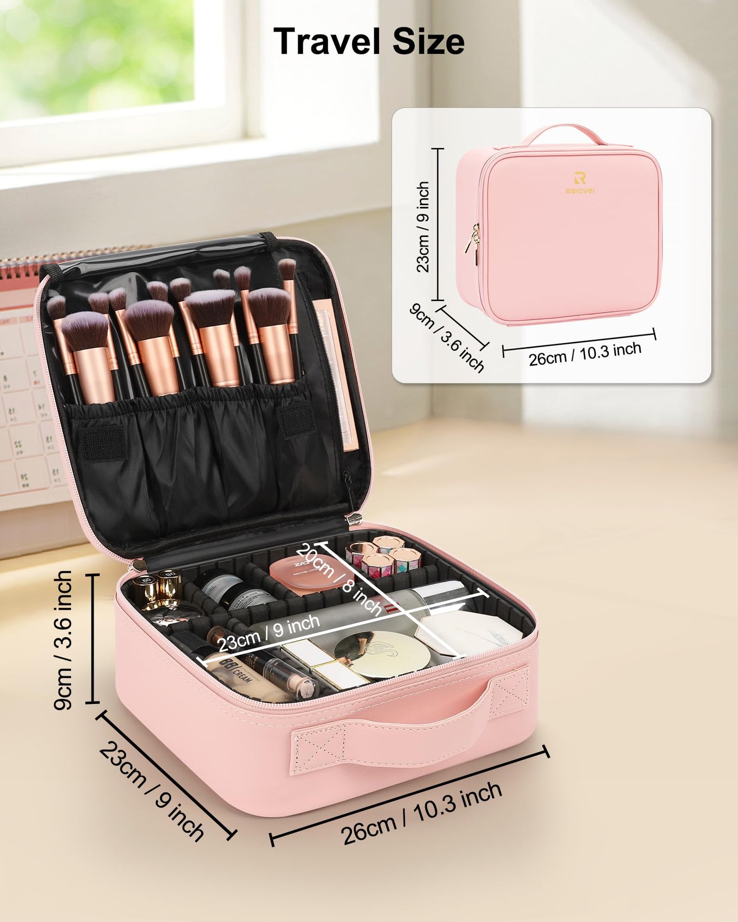 Relavel Travel Makeup Train Case Makeup Cosmetic Case Organizer Portable Artist Storage Bag with Adjustable Dividers for Cosmetics Makeup Brushes Toiletry Jewelry Digital Accessories Black