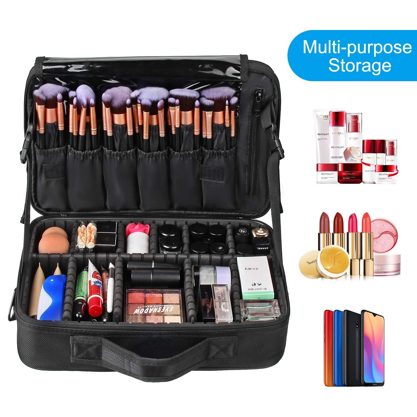 Relavel Travel Makeup Train Case Makeup Cosmetic Case Organizer Portable Artist Storage Bag with Adjustable Dividers for Cosmetics Makeup Brushes Toiletry Jewelry Digital Accessories Black