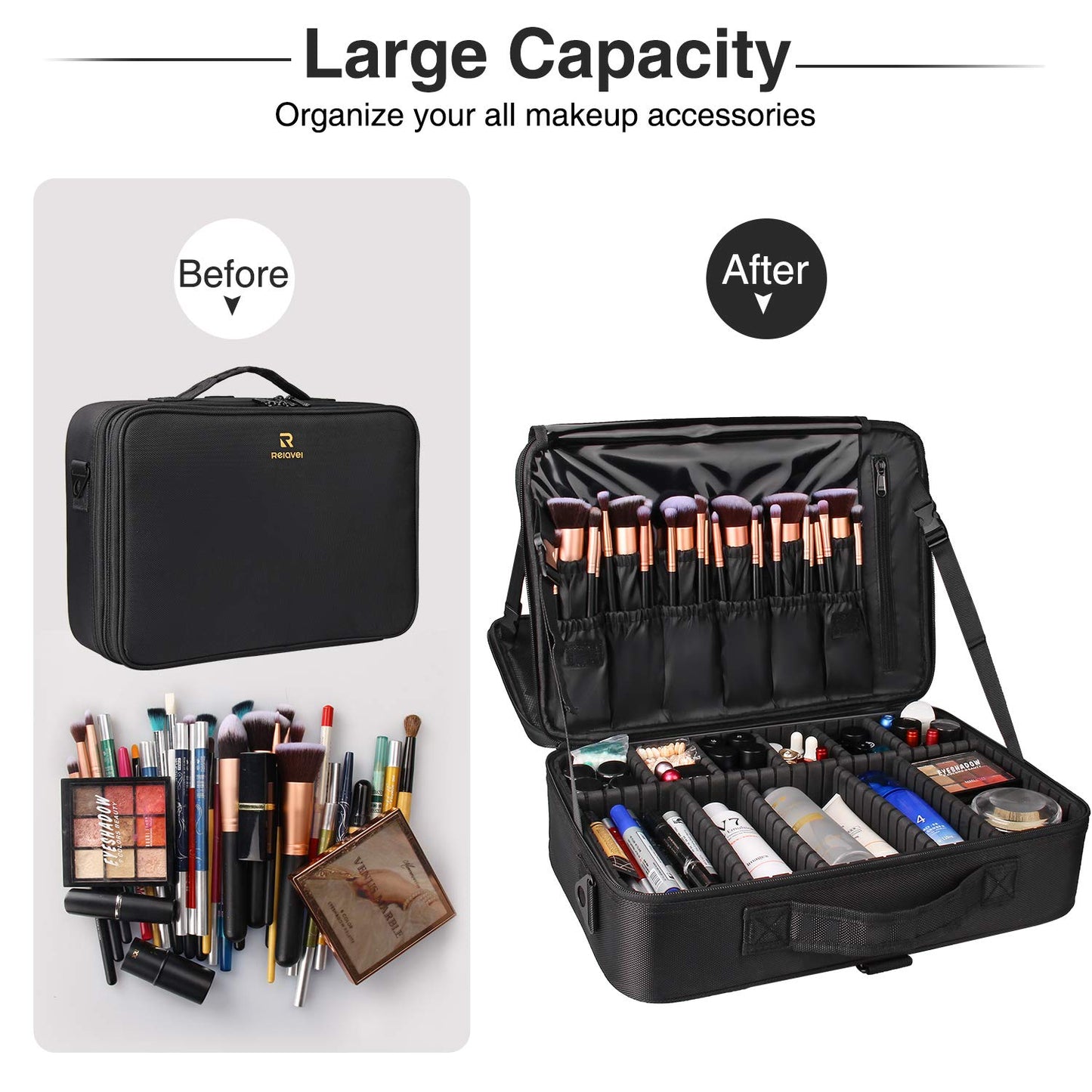 Relavel Travel Makeup Train Case Makeup Cosmetic Case Organizer Portable Artist Storage Bag with Adjustable Dividers for Cosmetics Makeup Brushes Toiletry Jewelry Digital Accessories Black