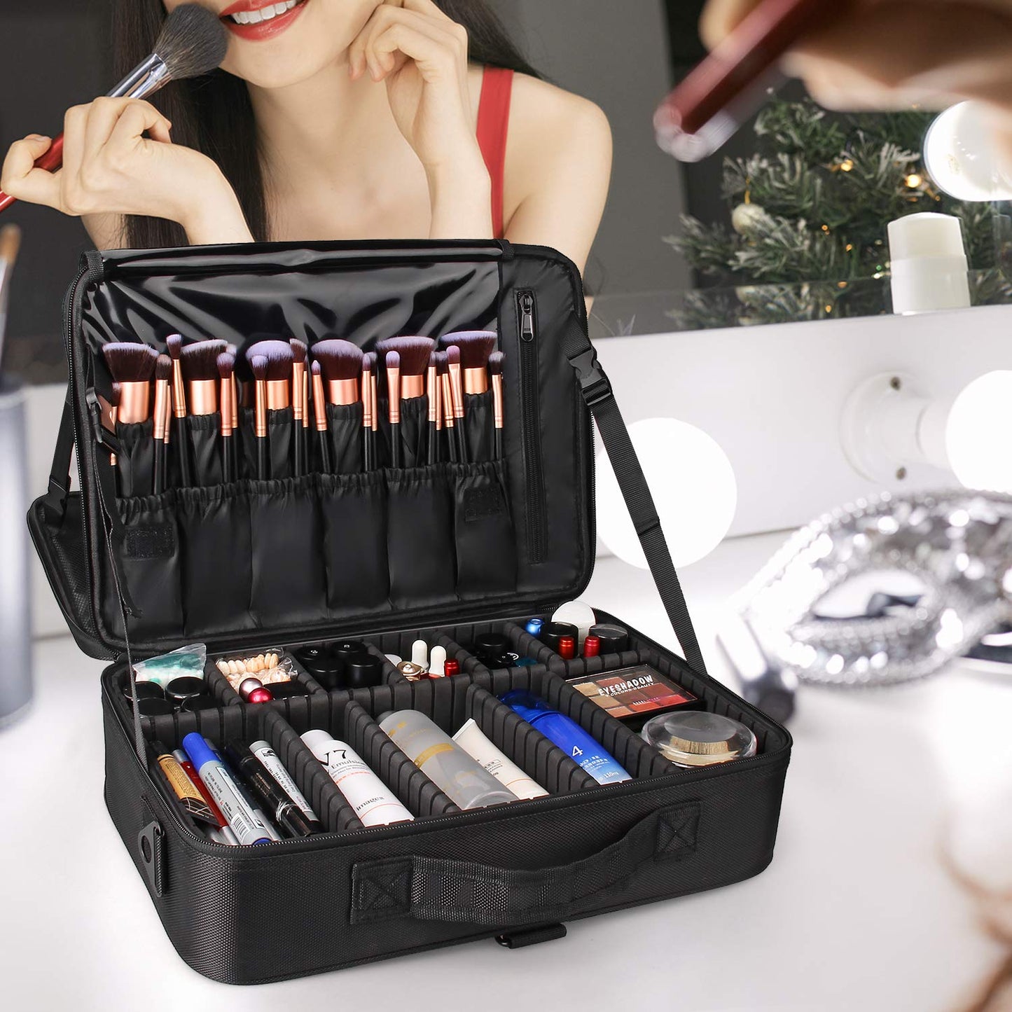 Relavel Travel Makeup Train Case Makeup Cosmetic Case Organizer Portable Artist Storage Bag with Adjustable Dividers for Cosmetics Makeup Brushes Toiletry Jewelry Digital Accessories Black