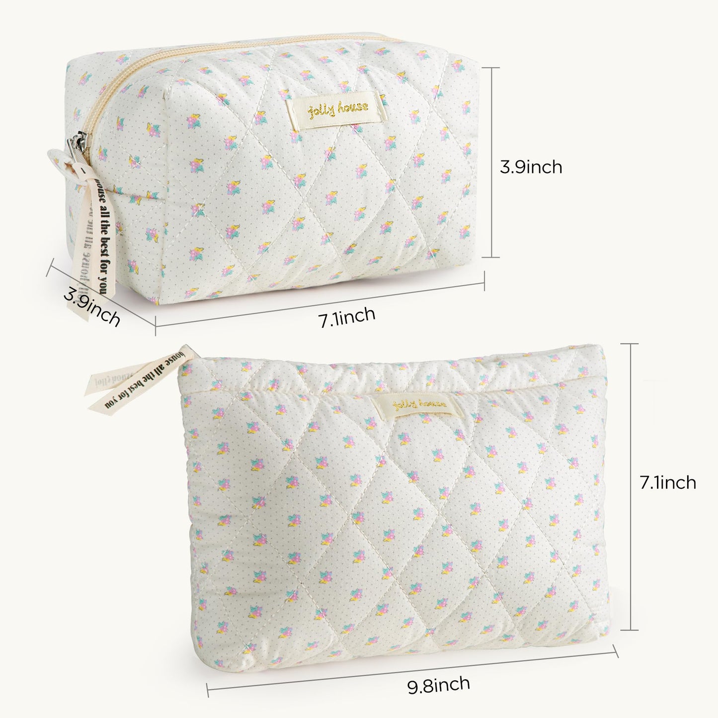 HBselect Quilted Makeup Bag, 3PCS Cotton Large Travel Makeup Bag, Cute Floral Coquette Make up Bag Cosmetic Bag Toiletry Bag for Women Girls