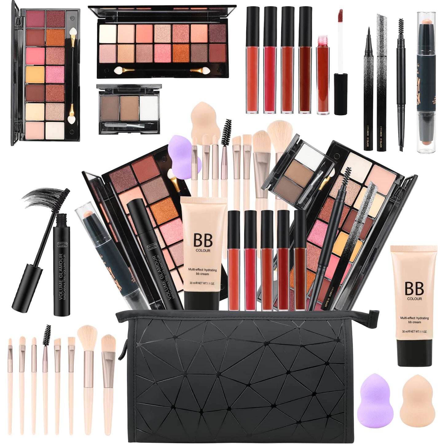 All in One Makeup Gift Set for Women Full Kit for2x14-color eyeshadow palettes,5xlipgloss sets,mascara,eyeliner,eyebrowpowder,eyebrow pencil, foundation, highlighter stick etc