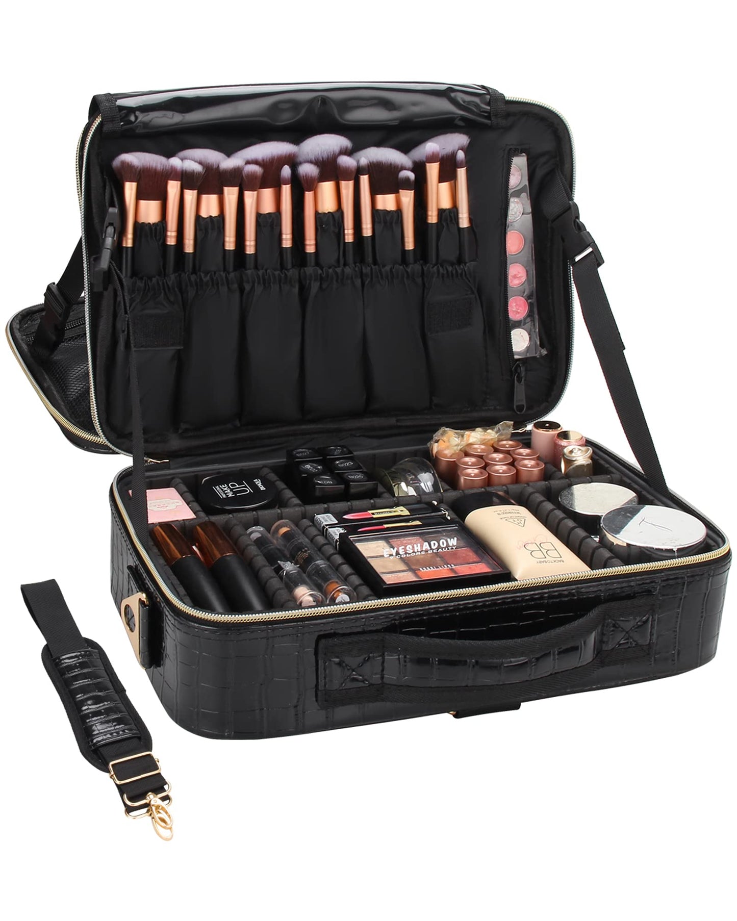 Relavel Travel Makeup Train Case Makeup Cosmetic Case Organizer Portable Artist Storage Bag with Adjustable Dividers for Cosmetics Makeup Brushes Toiletry Jewelry Digital Accessories Black