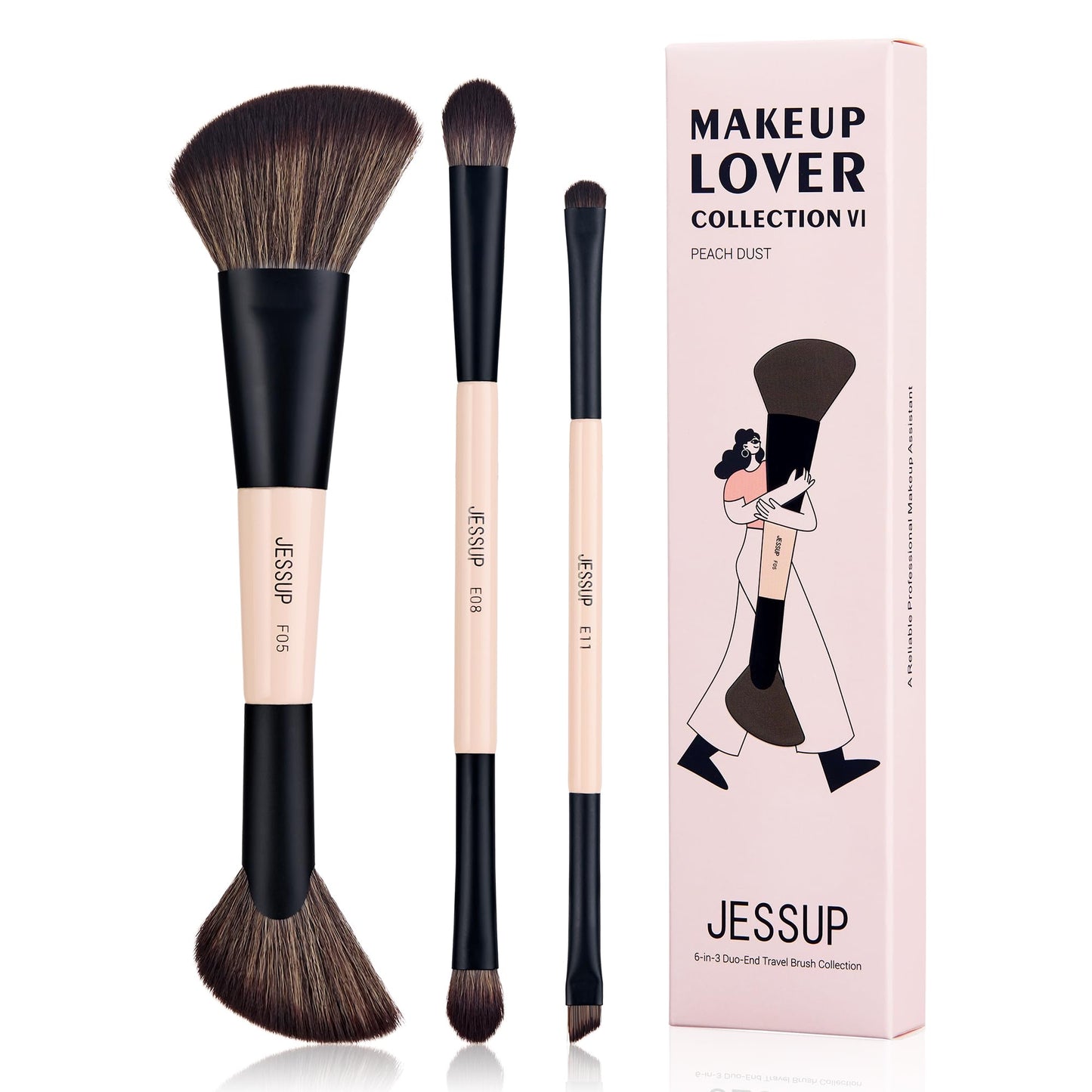 Jessup Makeup Brushes 5pcs Double Ended Eyeshadow Brush Contour Brush Blending Brush Eyeliner Brush Shader Brush, Vegan Fiber Precision Eye Brush Set Peach Dust T509