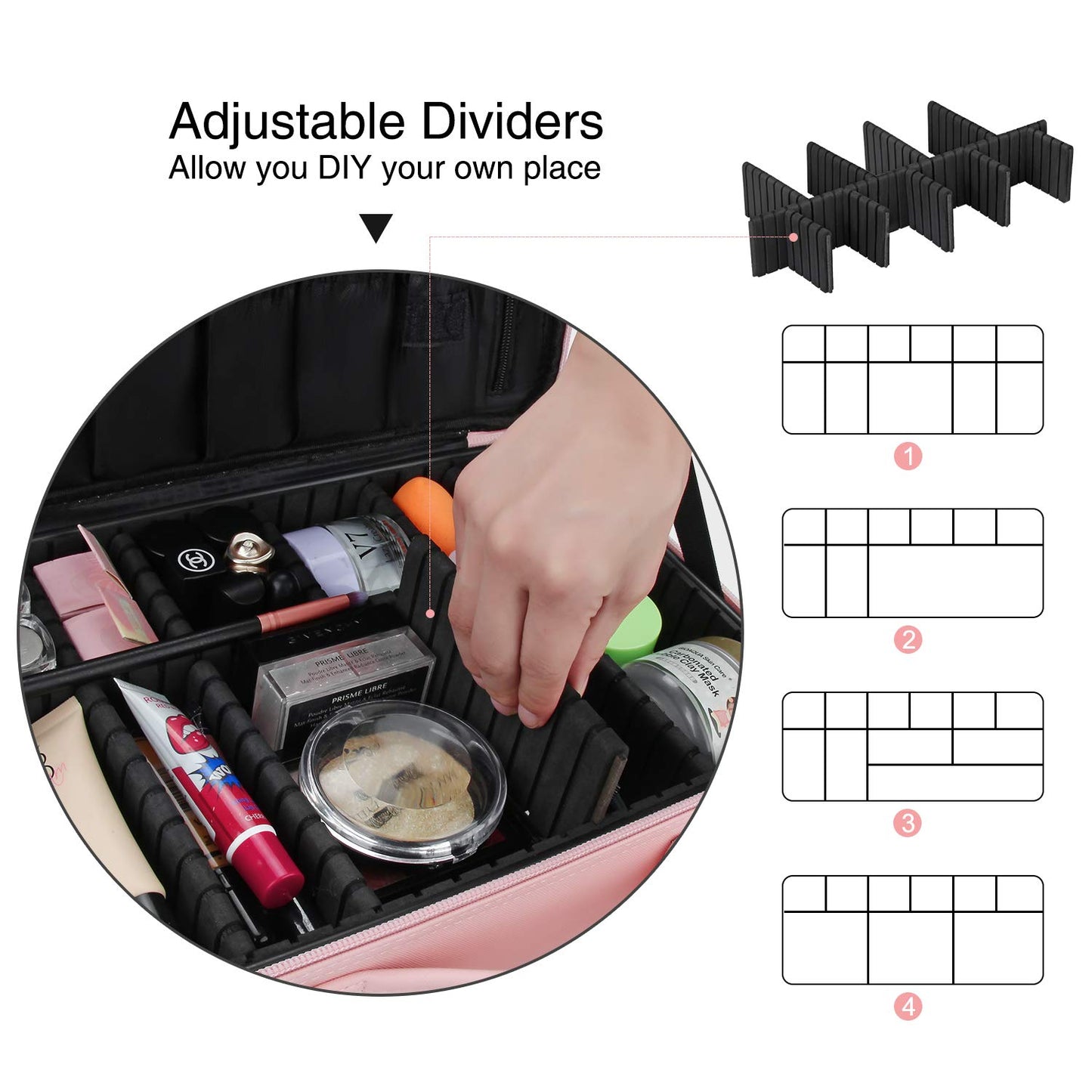 Relavel Travel Makeup Train Case Makeup Cosmetic Case Organizer Portable Artist Storage Bag with Adjustable Dividers for Cosmetics Makeup Brushes Toiletry Jewelry Digital Accessories Black