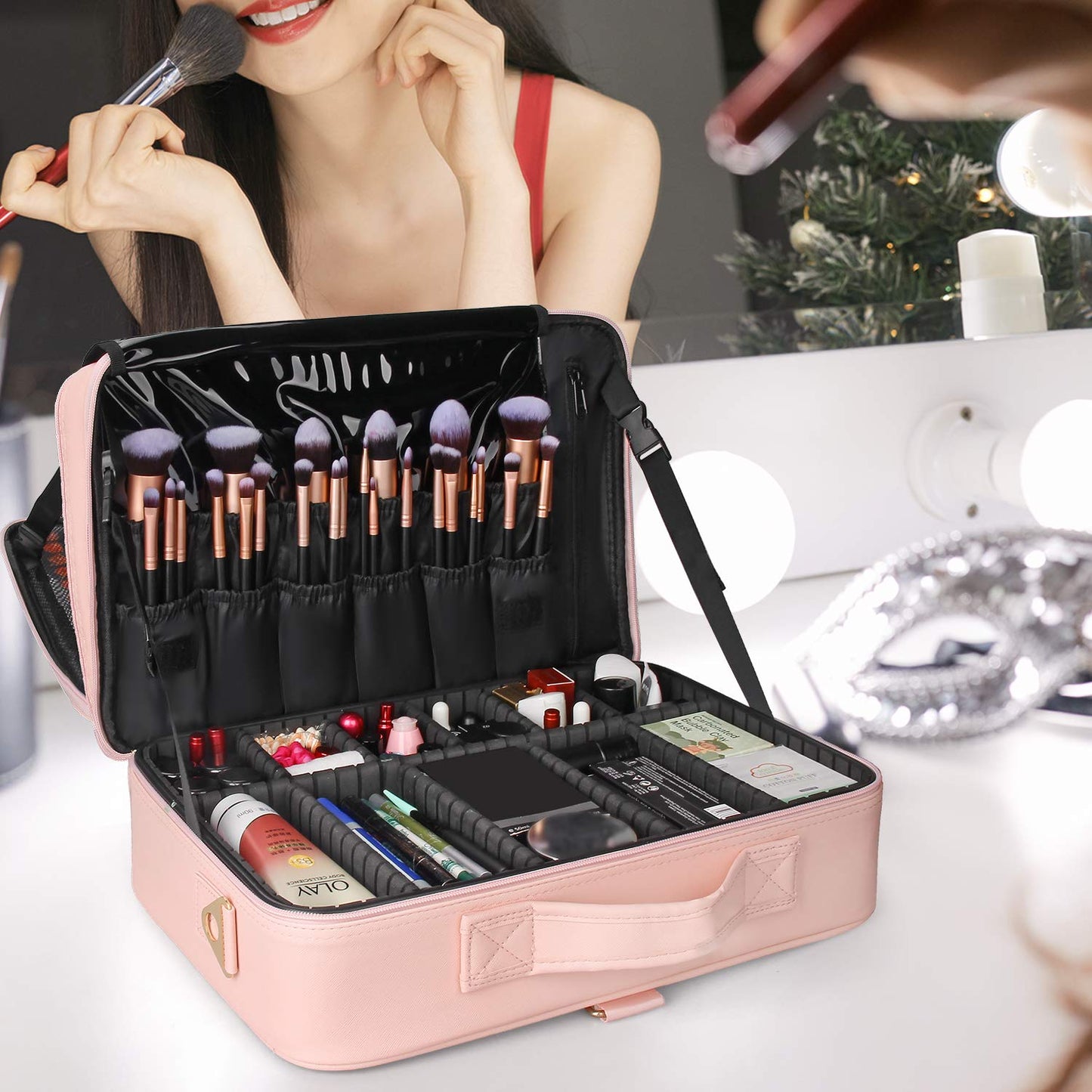 Relavel Travel Makeup Train Case Makeup Cosmetic Case Organizer Portable Artist Storage Bag with Adjustable Dividers for Cosmetics Makeup Brushes Toiletry Jewelry Digital Accessories Black