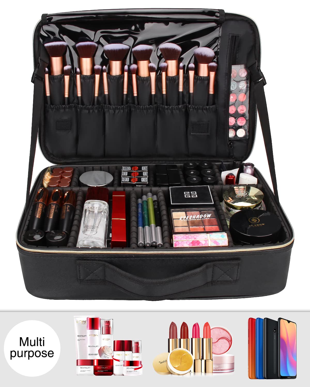 Relavel Travel Makeup Train Case Makeup Cosmetic Case Organizer Portable Artist Storage Bag with Adjustable Dividers for Cosmetics Makeup Brushes Toiletry Jewelry Digital Accessories Black