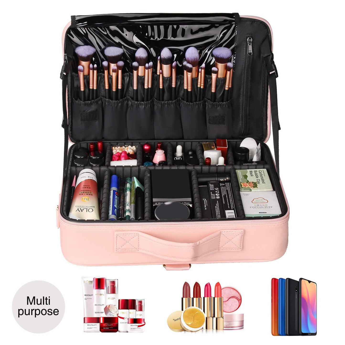 Relavel Travel Makeup Train Case Makeup Cosmetic Case Organizer Portable Artist Storage Bag with Adjustable Dividers for Cosmetics Makeup Brushes Toiletry Jewelry Digital Accessories Black