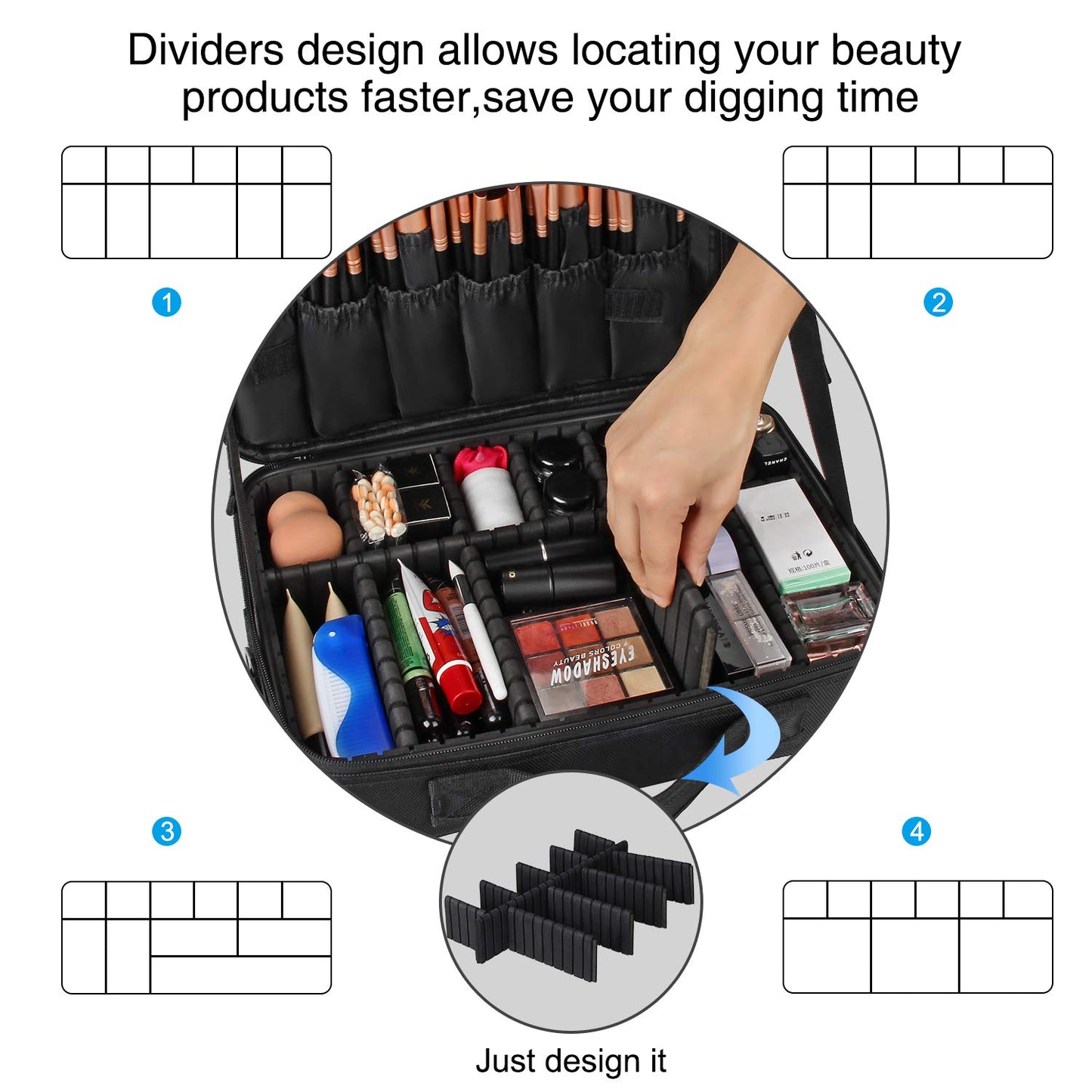 Relavel Travel Makeup Train Case Makeup Cosmetic Case Organizer Portable Artist Storage Bag with Adjustable Dividers for Cosmetics Makeup Brushes Toiletry Jewelry Digital Accessories Black