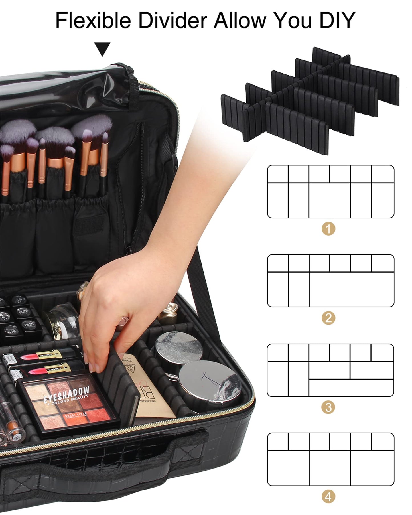 Relavel Travel Makeup Train Case Makeup Cosmetic Case Organizer Portable Artist Storage Bag with Adjustable Dividers for Cosmetics Makeup Brushes Toiletry Jewelry Digital Accessories Black