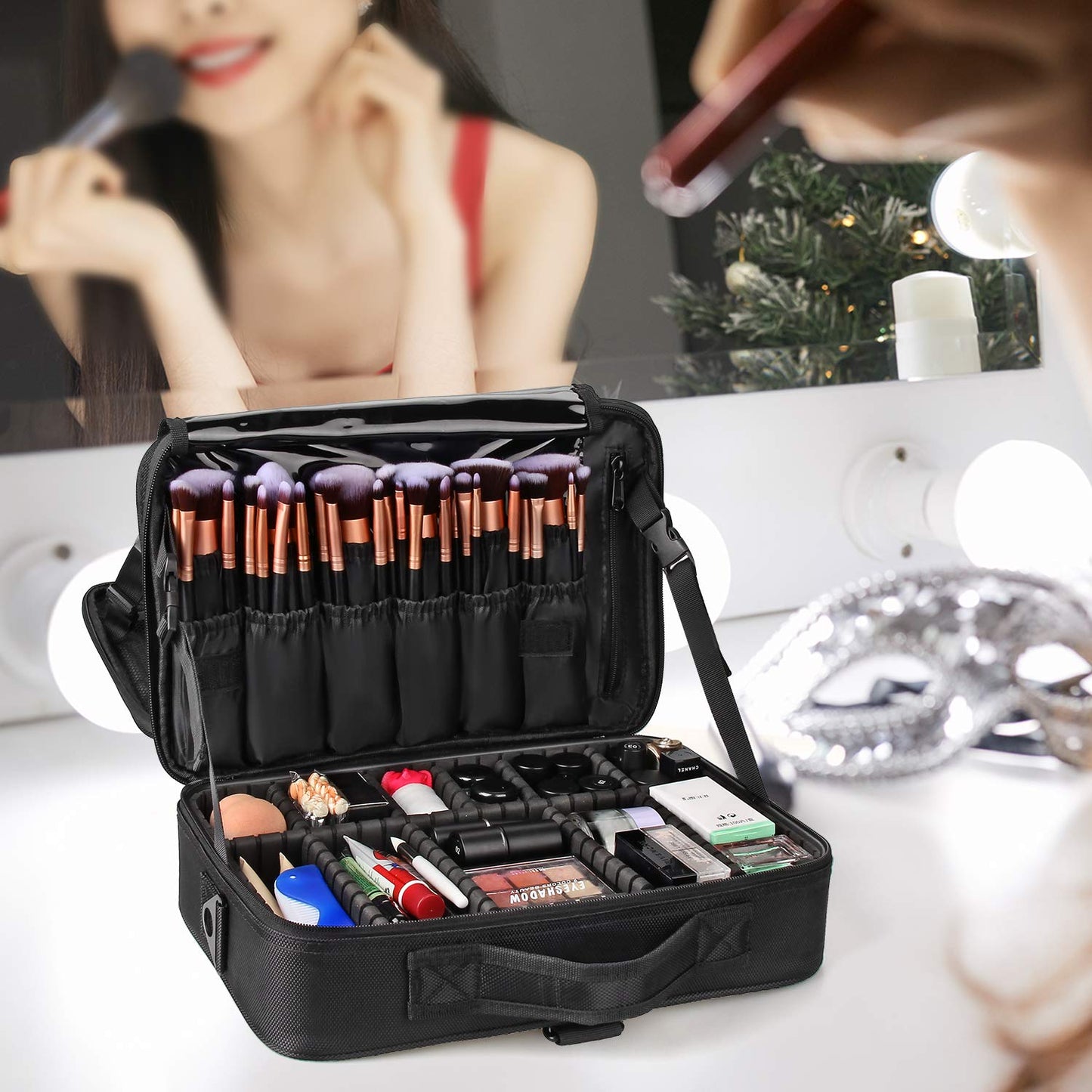 Relavel Travel Makeup Train Case Makeup Cosmetic Case Organizer Portable Artist Storage Bag with Adjustable Dividers for Cosmetics Makeup Brushes Toiletry Jewelry Digital Accessories Black