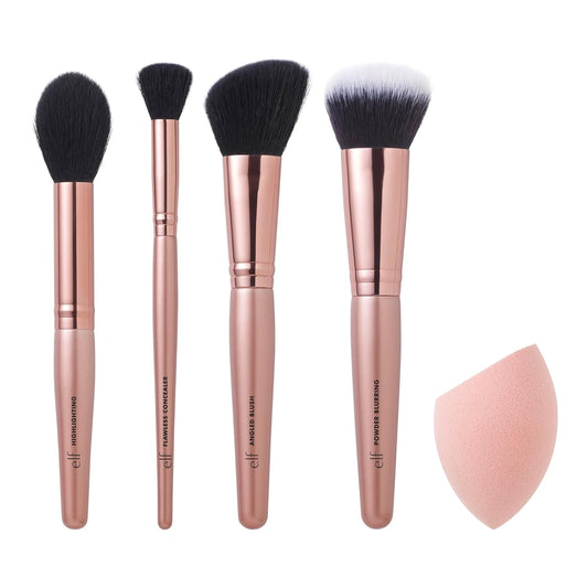 e.l.f. Complexion Essentials Brush & Sponge Set, Concealer, Powder, Blush & Highlighter Brushes & Total Face Sponge, Vegan & Cruelty-Free