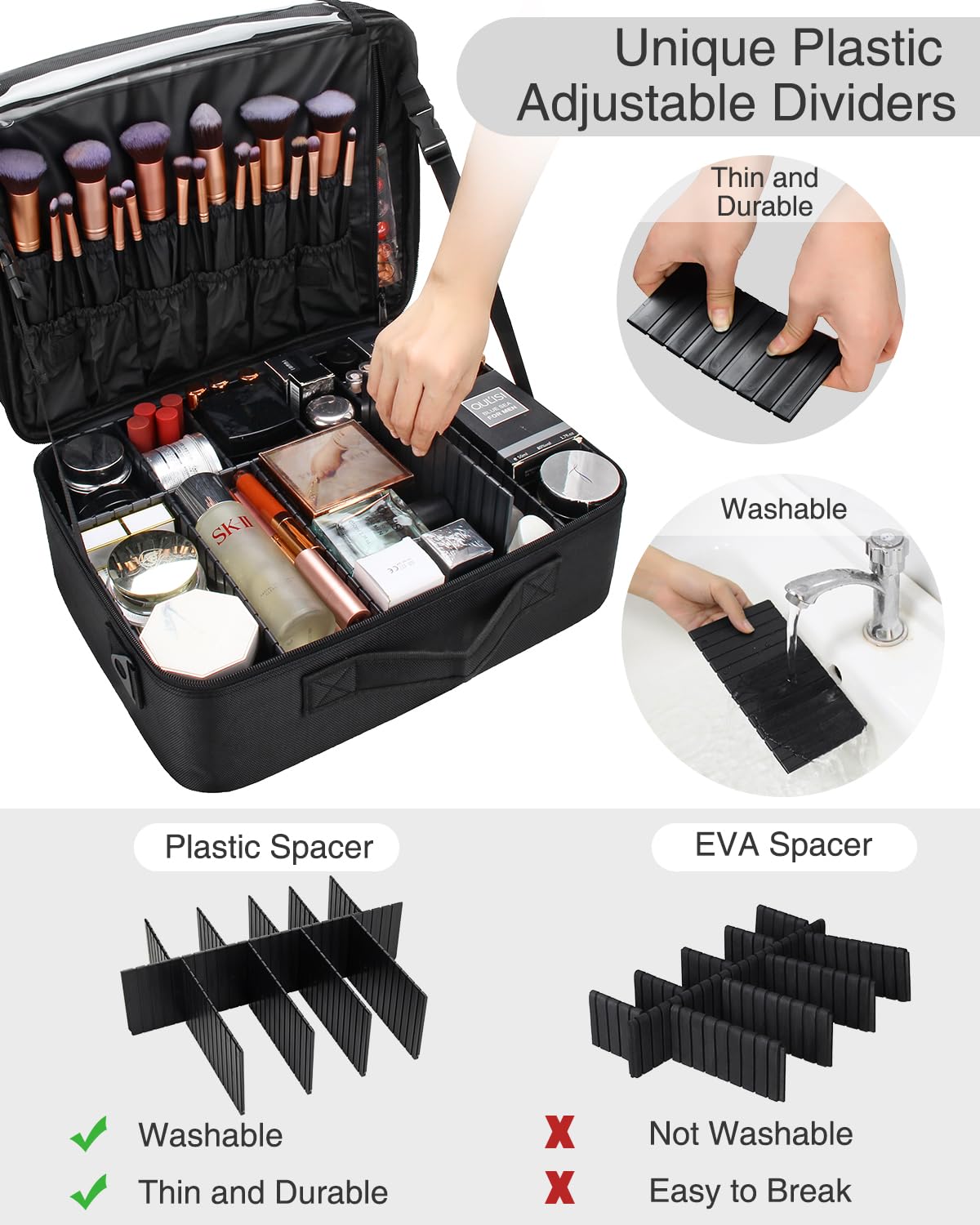 Relavel Travel Makeup Train Case Makeup Cosmetic Case Organizer Portable Artist Storage Bag with Adjustable Dividers for Cosmetics Makeup Brushes Toiletry Jewelry Digital Accessories Black