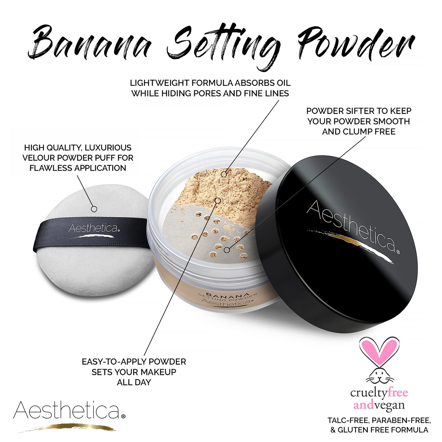 Aesthetica Banana Loose Setting Powder - Flash Friendly Superior Matte Finish Highlighter & Finishing Powder - Includes Velour Puff