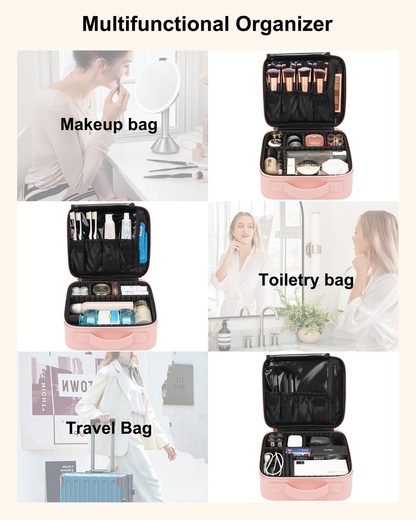 Relavel Travel Makeup Train Case Makeup Cosmetic Case Organizer Portable Artist Storage Bag with Adjustable Dividers for Cosmetics Makeup Brushes Toiletry Jewelry Digital Accessories Black