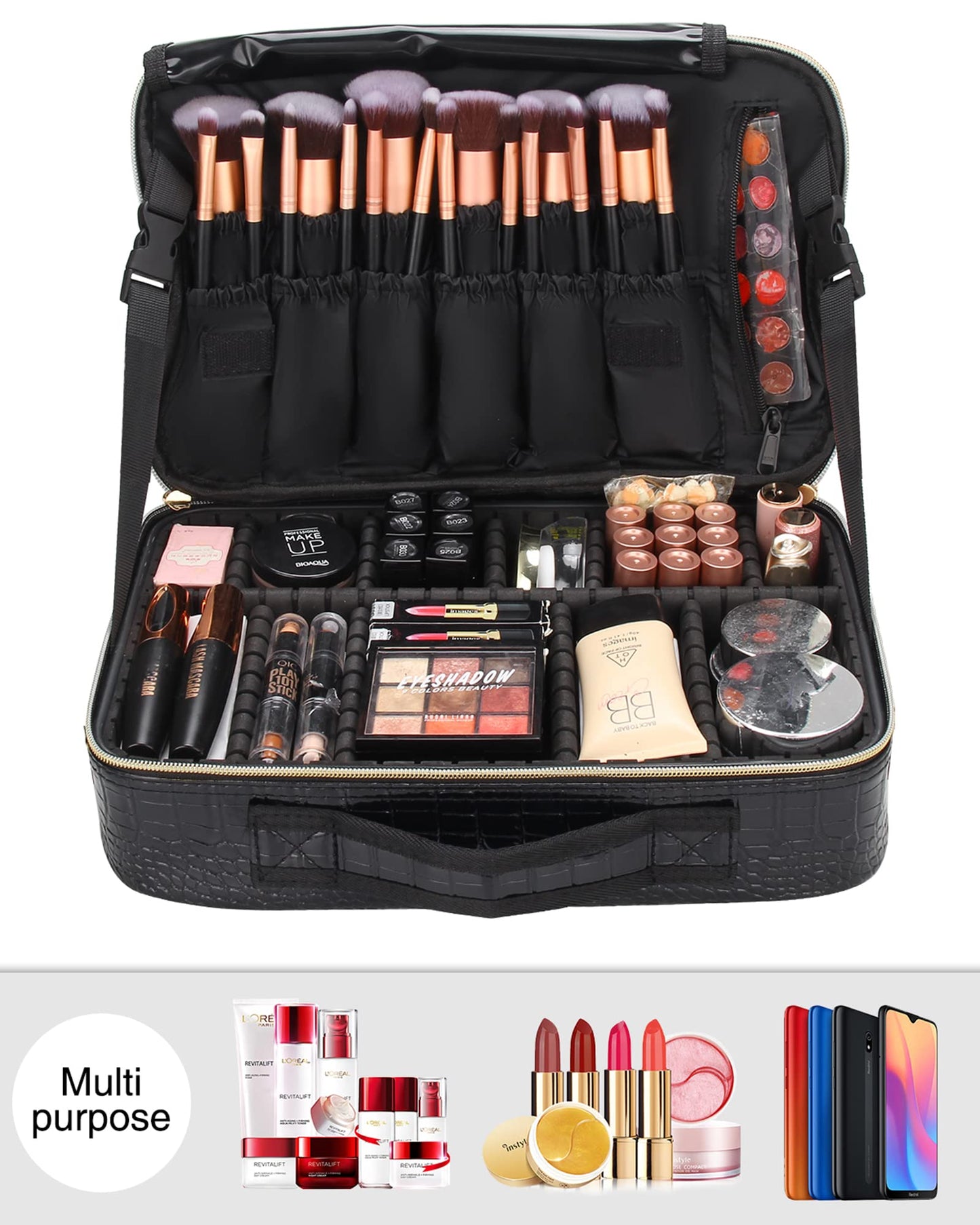 Relavel Travel Makeup Train Case Makeup Cosmetic Case Organizer Portable Artist Storage Bag with Adjustable Dividers for Cosmetics Makeup Brushes Toiletry Jewelry Digital Accessories Black