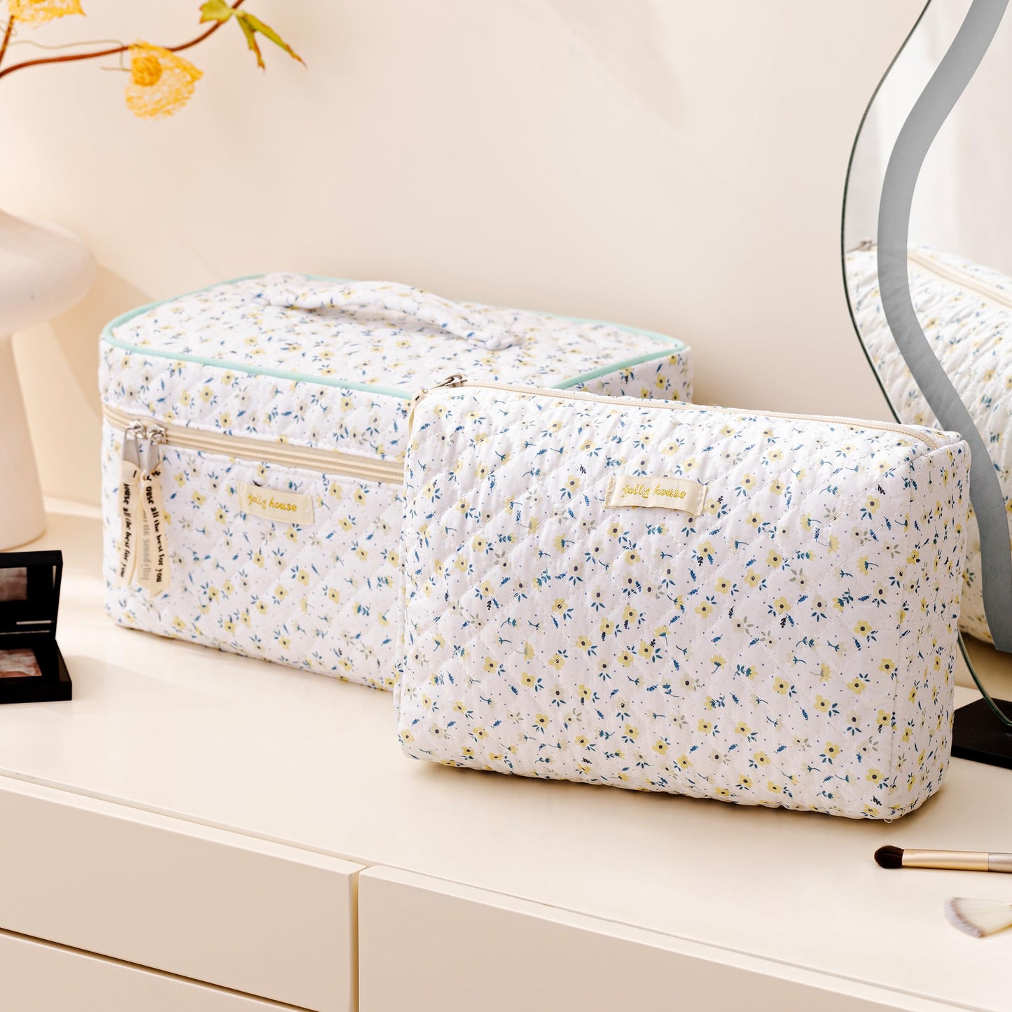 HBselect Quilted Makeup Bag, 3PCS Cotton Large Travel Makeup Bag, Cute Floral Coquette Make up Bag Cosmetic Bag Toiletry Bag for Women Girls