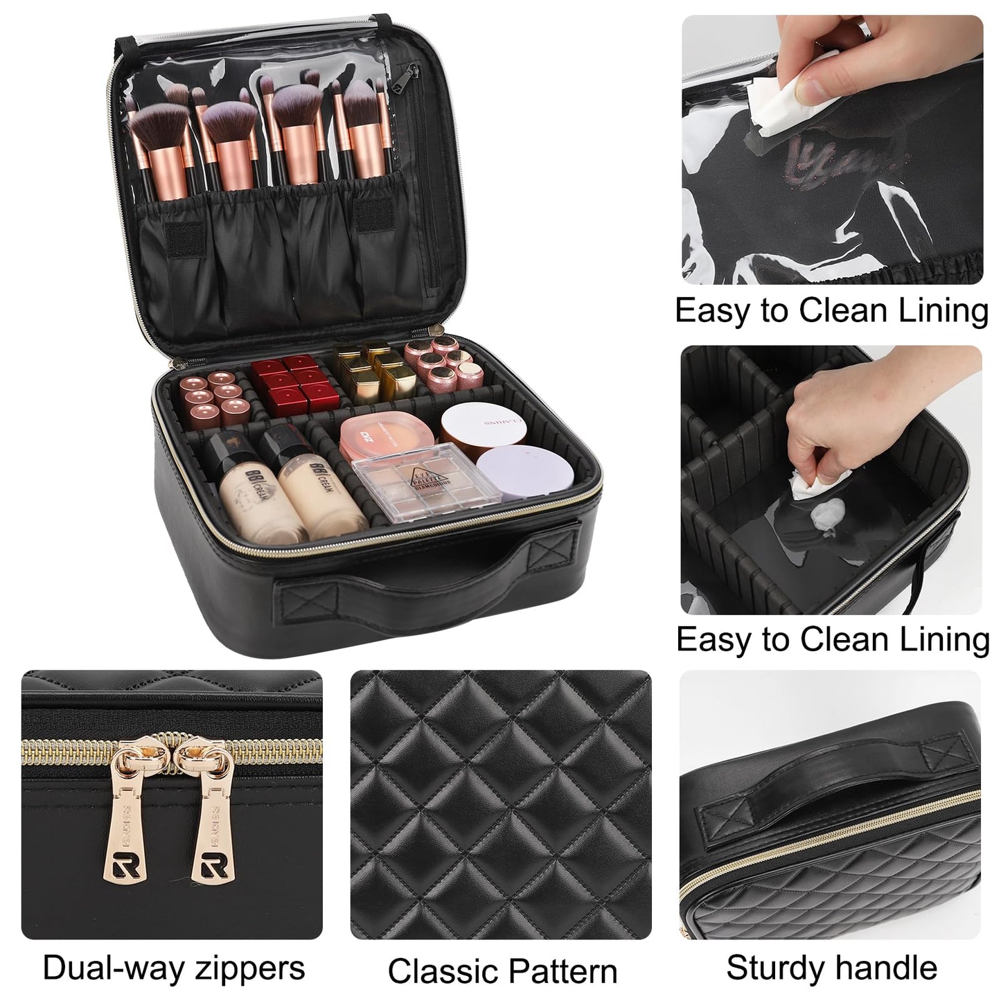 Relavel Travel Makeup Train Case Makeup Cosmetic Case Organizer Portable Artist Storage Bag with Adjustable Dividers for Cosmetics Makeup Brushes Toiletry Jewelry Digital Accessories Black