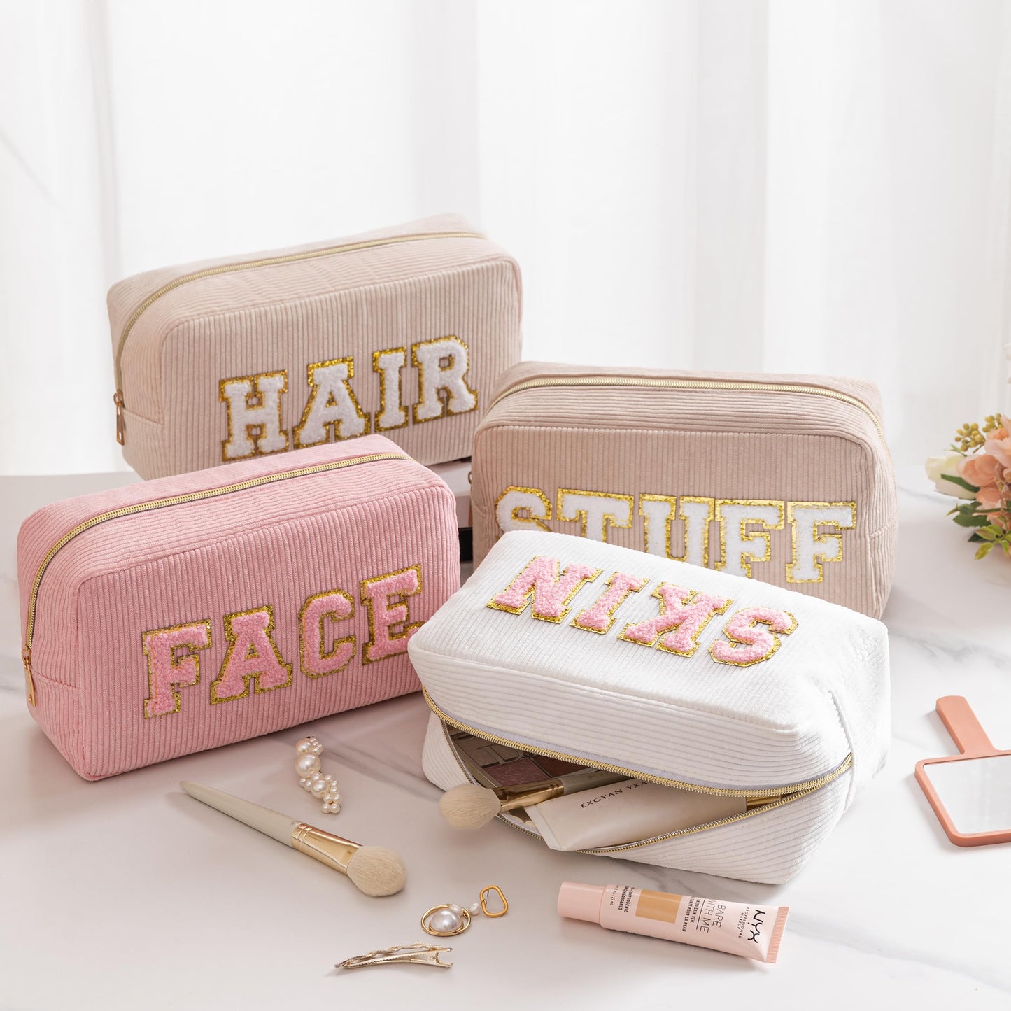 HBselect 4 Pcs Chenille Letter Patch Makeup Bags - Portable Waterproof Cosmetic Organizer for Women