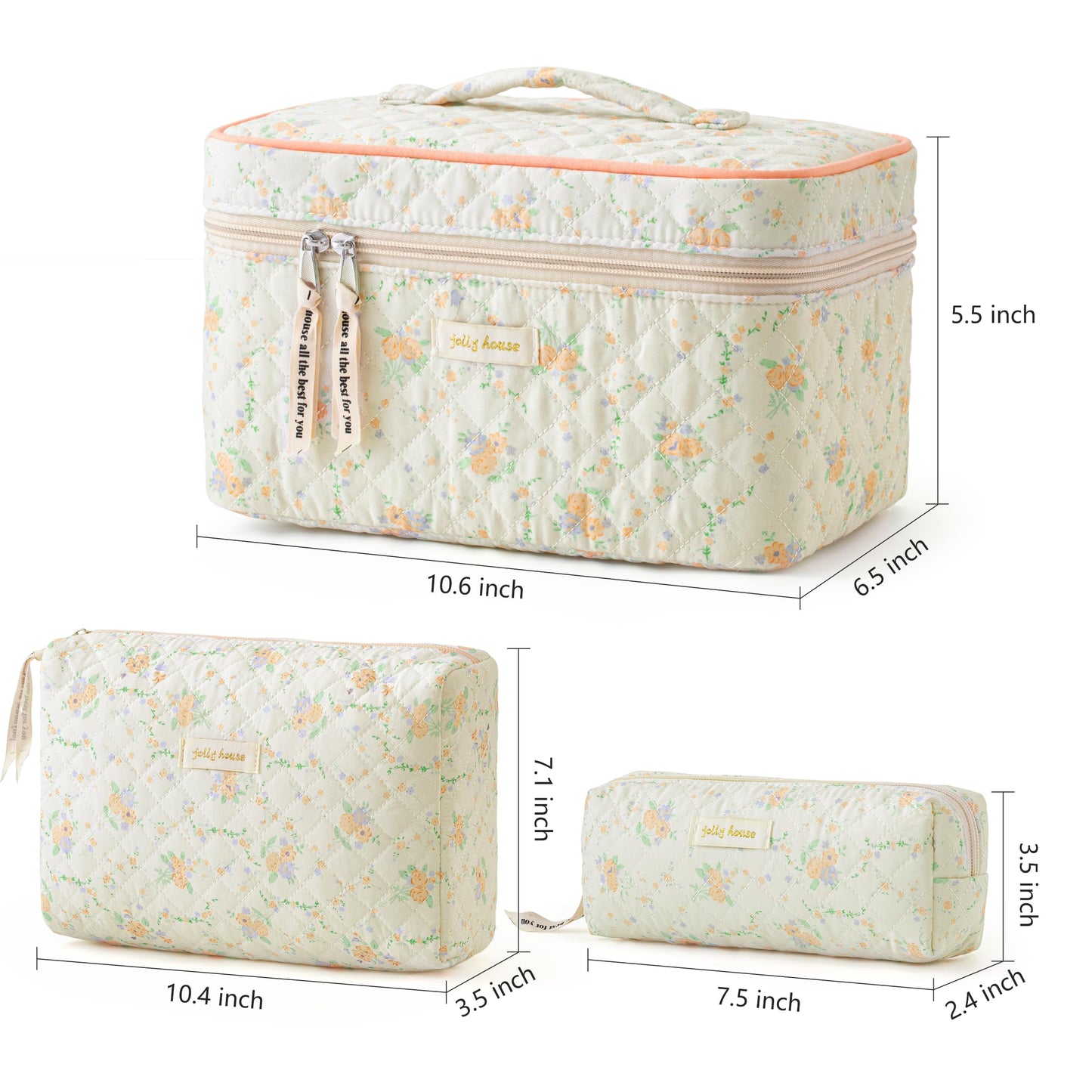 HBselect Quilted Makeup Bag, 3PCS Cotton Large Travel Makeup Bag, Cute Floral Coquette Make up Bag Cosmetic Bag Toiletry Bag for Women Girls