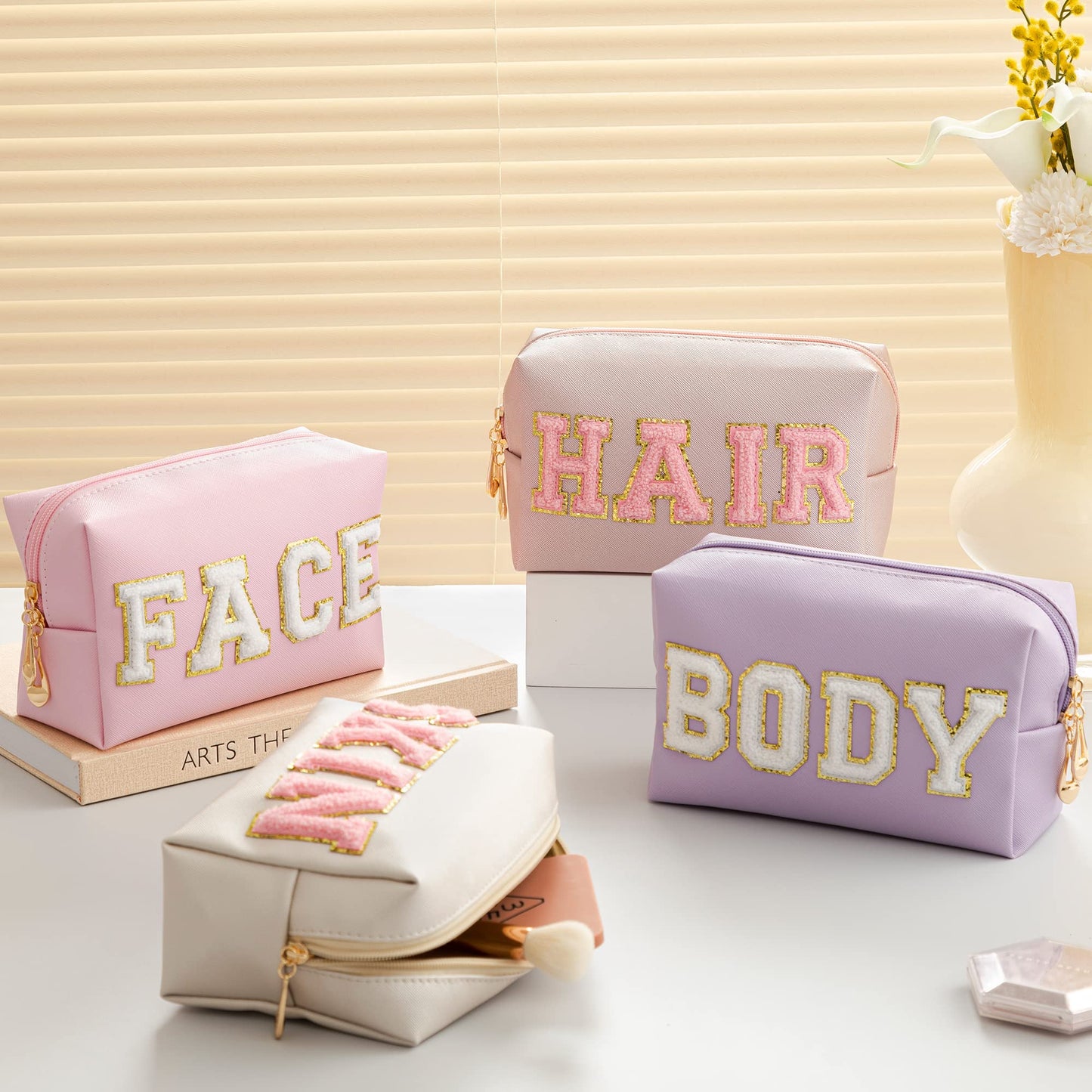 HBselect 4 Pcs Chenille Letter Patch Makeup Bags - Portable Waterproof Cosmetic Organizer for Women