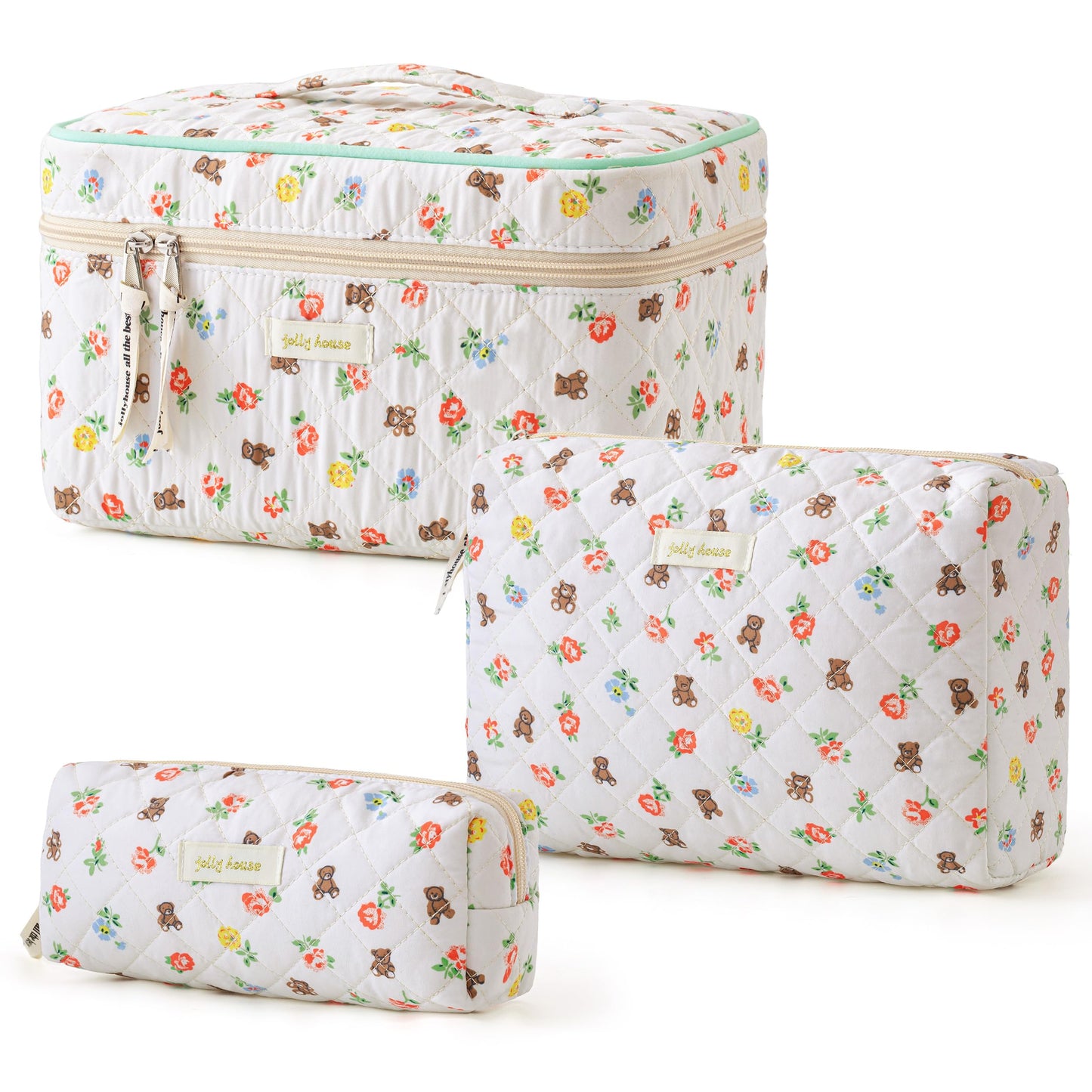 HBselect Quilted Makeup Bag, 3PCS Cotton Large Travel Makeup Bag, Cute Floral Coquette Make up Bag Cosmetic Bag Toiletry Bag for Women Girls