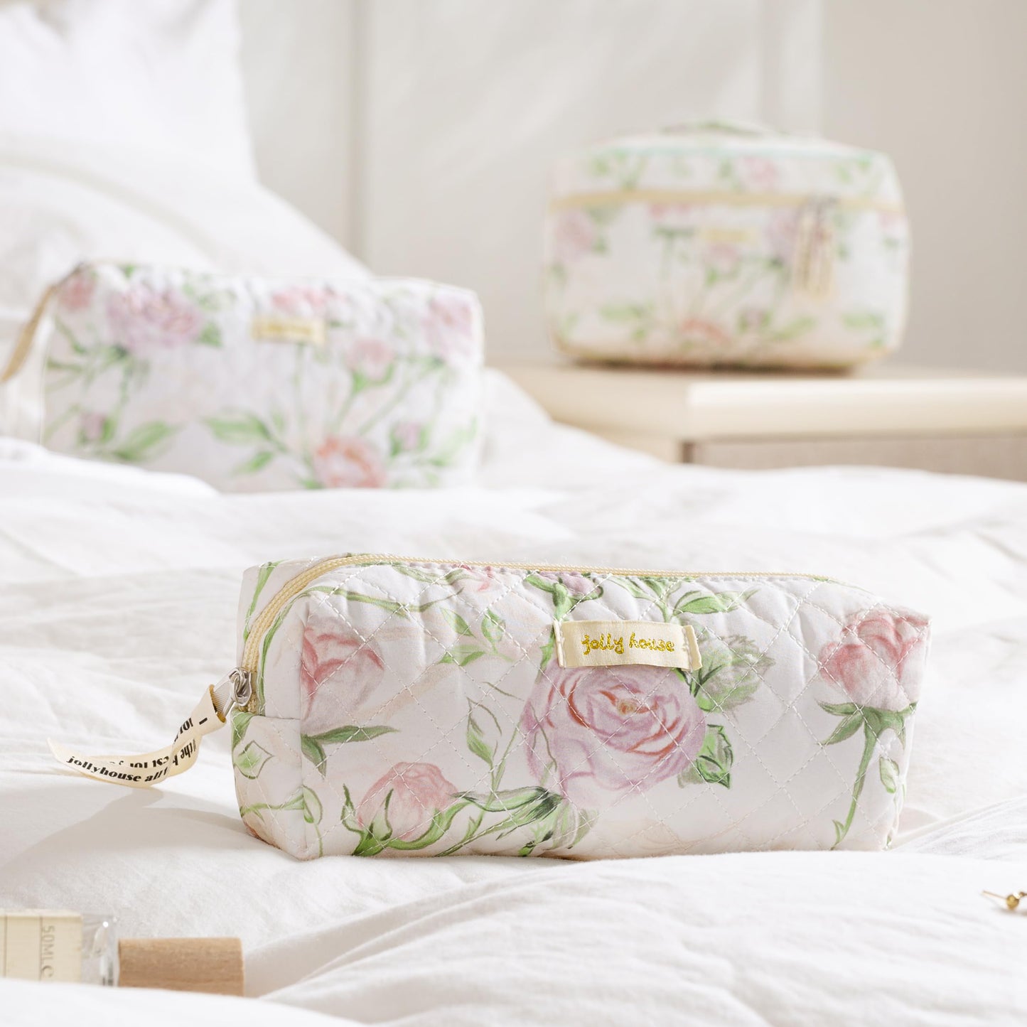 HBselect Quilted Makeup Bag, 3PCS Cotton Large Travel Makeup Bag, Cute Floral Coquette Make up Bag Cosmetic Bag Toiletry Bag for Women Girls