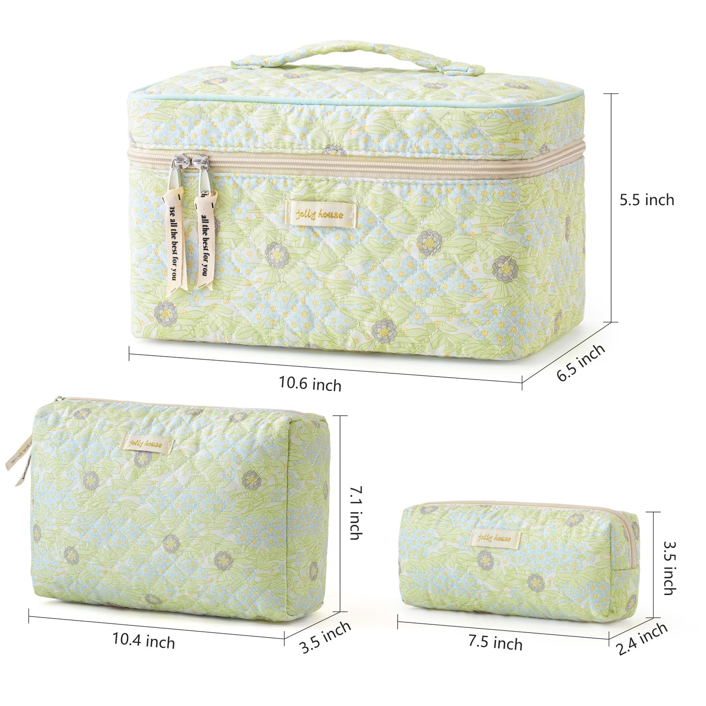 HBselect Quilted Makeup Bag, 3PCS Cotton Large Travel Makeup Bag, Cute Floral Coquette Make up Bag Cosmetic Bag Toiletry Bag for Women Girls