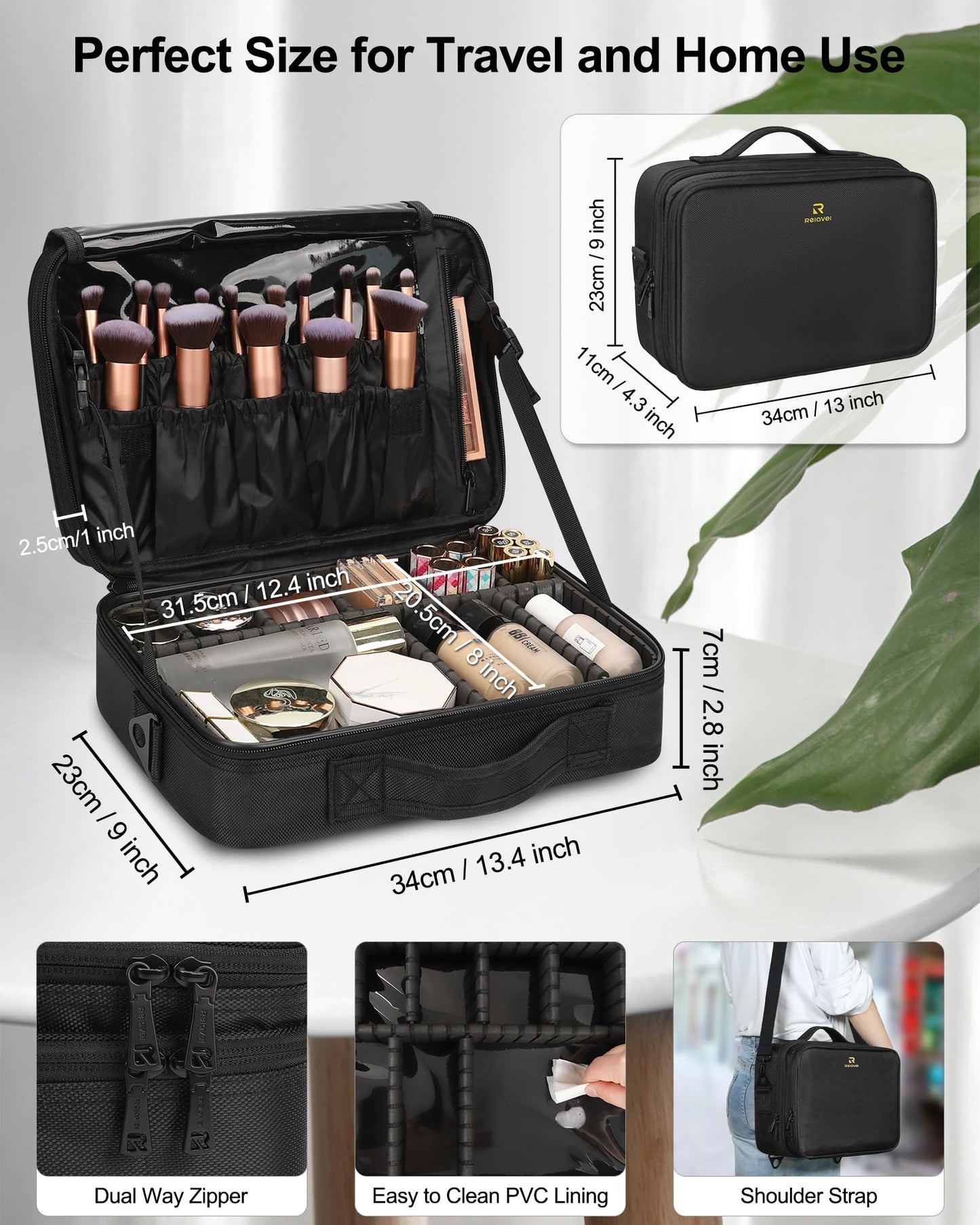 Relavel Travel Makeup Train Case Makeup Cosmetic Case Organizer Portable Artist Storage Bag with Adjustable Dividers for Cosmetics Makeup Brushes Toiletry Jewelry Digital Accessories Black