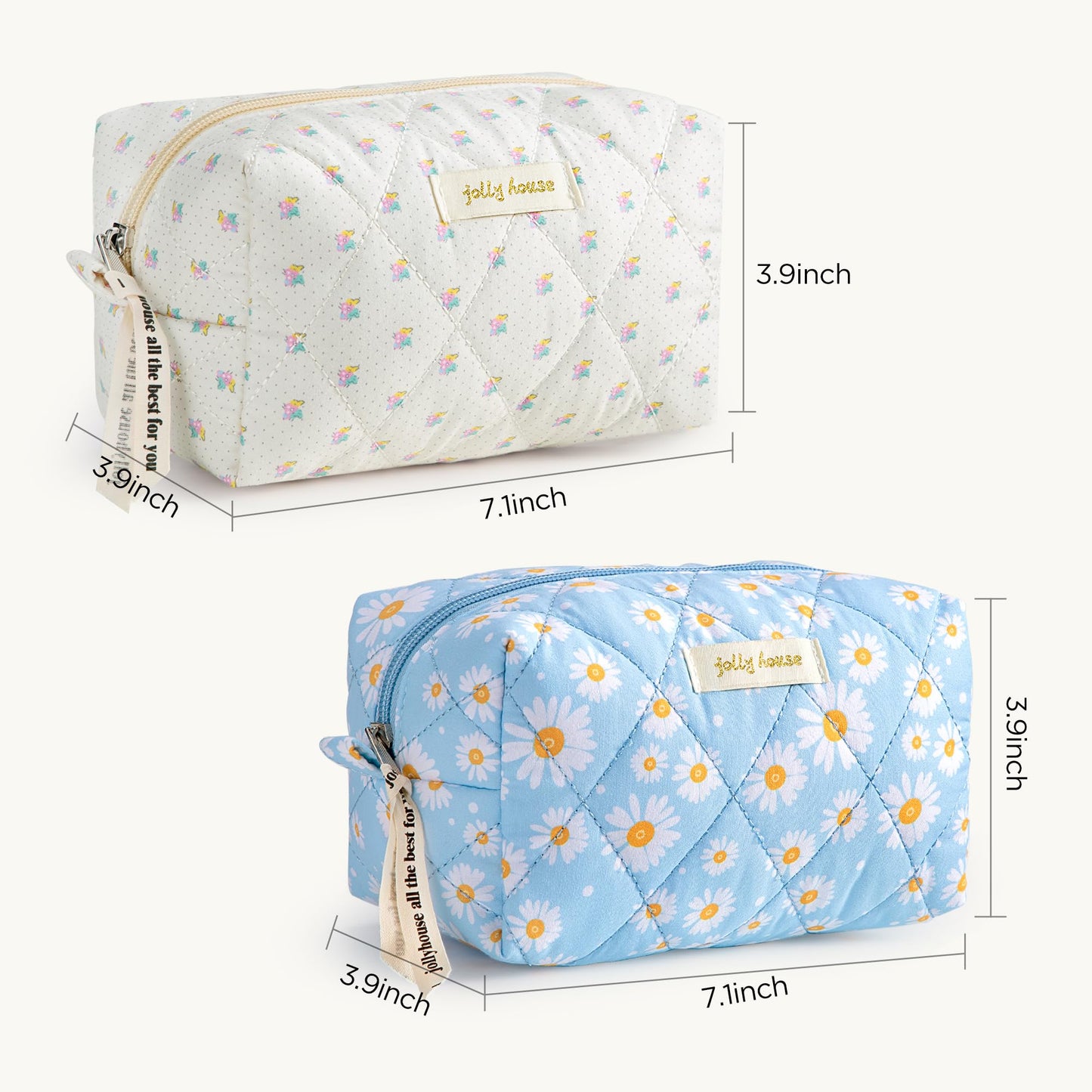 HBselect Quilted Makeup Bag, 3PCS Cotton Large Travel Makeup Bag, Cute Floral Coquette Make up Bag Cosmetic Bag Toiletry Bag for Women Girls