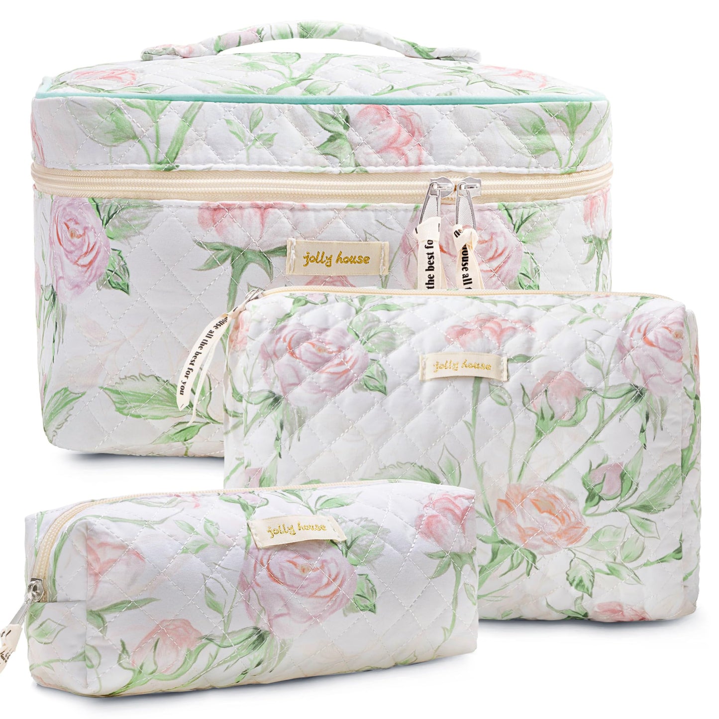 HBselect Quilted Makeup Bag, 3PCS Cotton Large Travel Makeup Bag, Cute Floral Coquette Make up Bag Cosmetic Bag Toiletry Bag for Women Girls