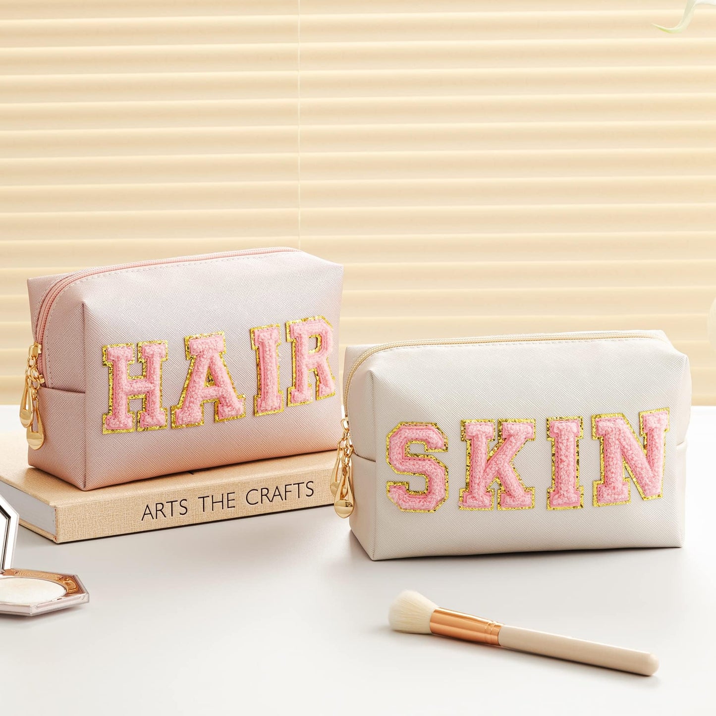 HBselect 4 Pcs Chenille Letter Patch Makeup Bags - Portable Waterproof Cosmetic Organizer for Women