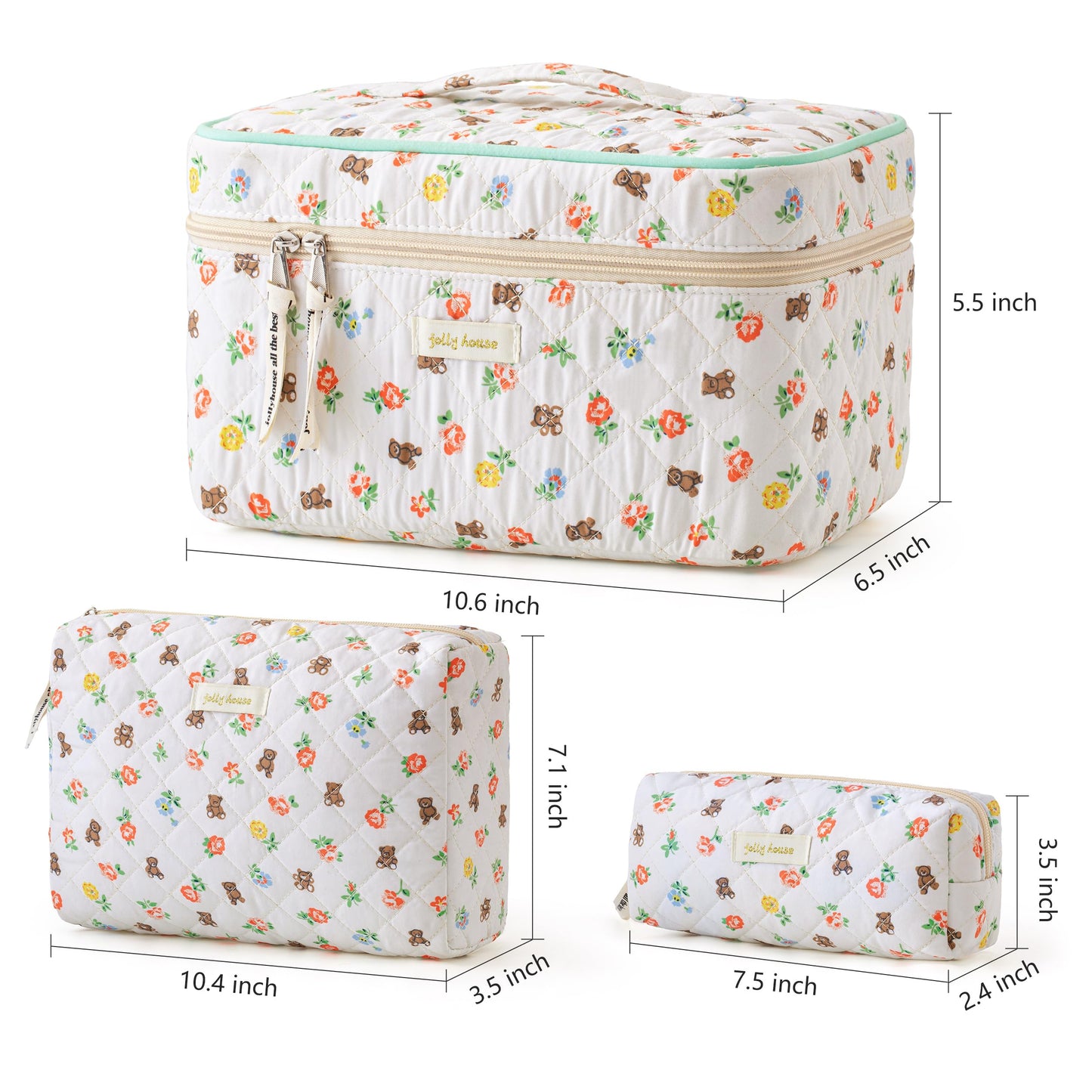 HBselect Quilted Makeup Bag, 3PCS Cotton Large Travel Makeup Bag, Cute Floral Coquette Make up Bag Cosmetic Bag Toiletry Bag for Women Girls