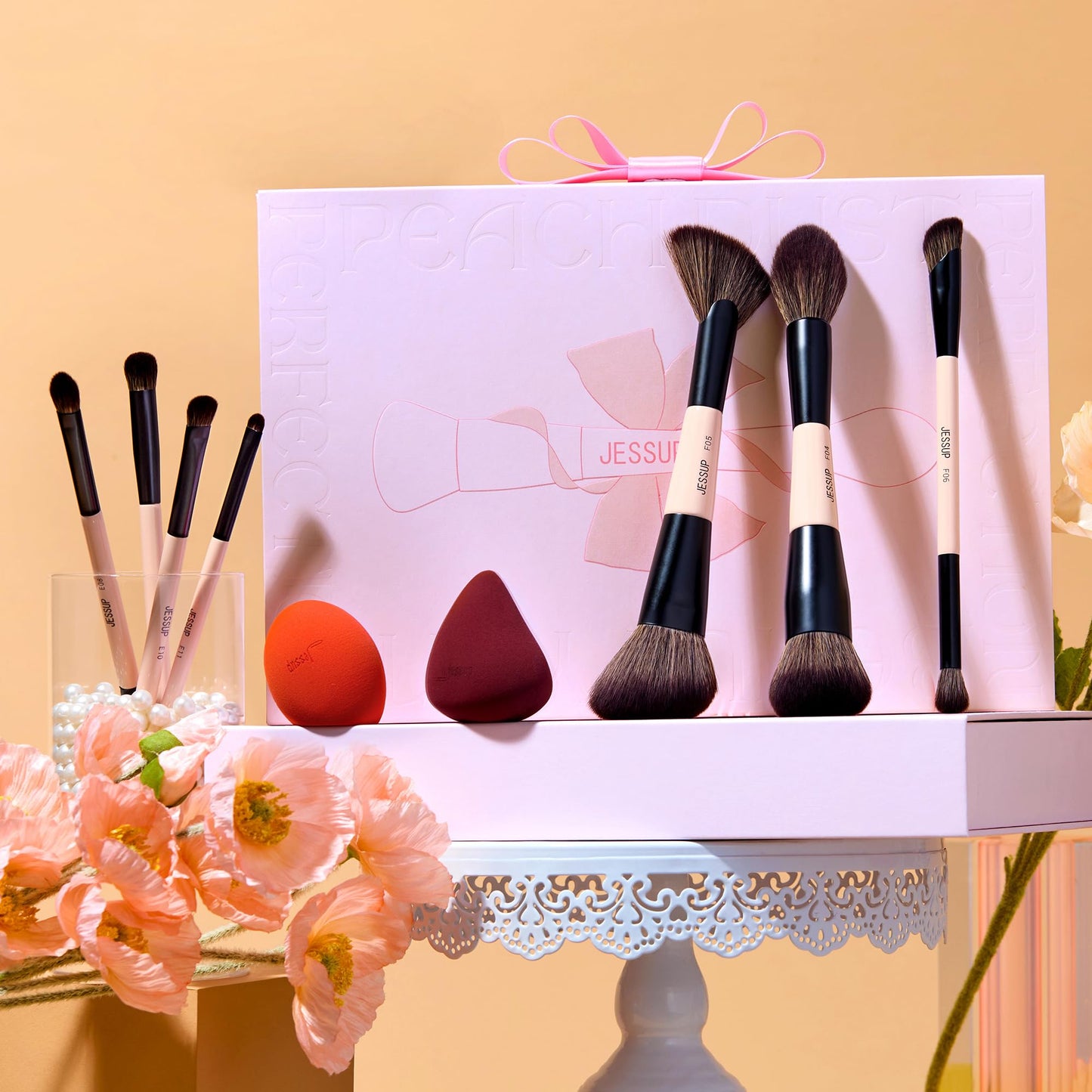 Jessup Makeup Brushes 5pcs Double Ended Eyeshadow Brush Contour Brush Blending Brush Eyeliner Brush Shader Brush, Vegan Fiber Precision Eye Brush Set Peach Dust T509