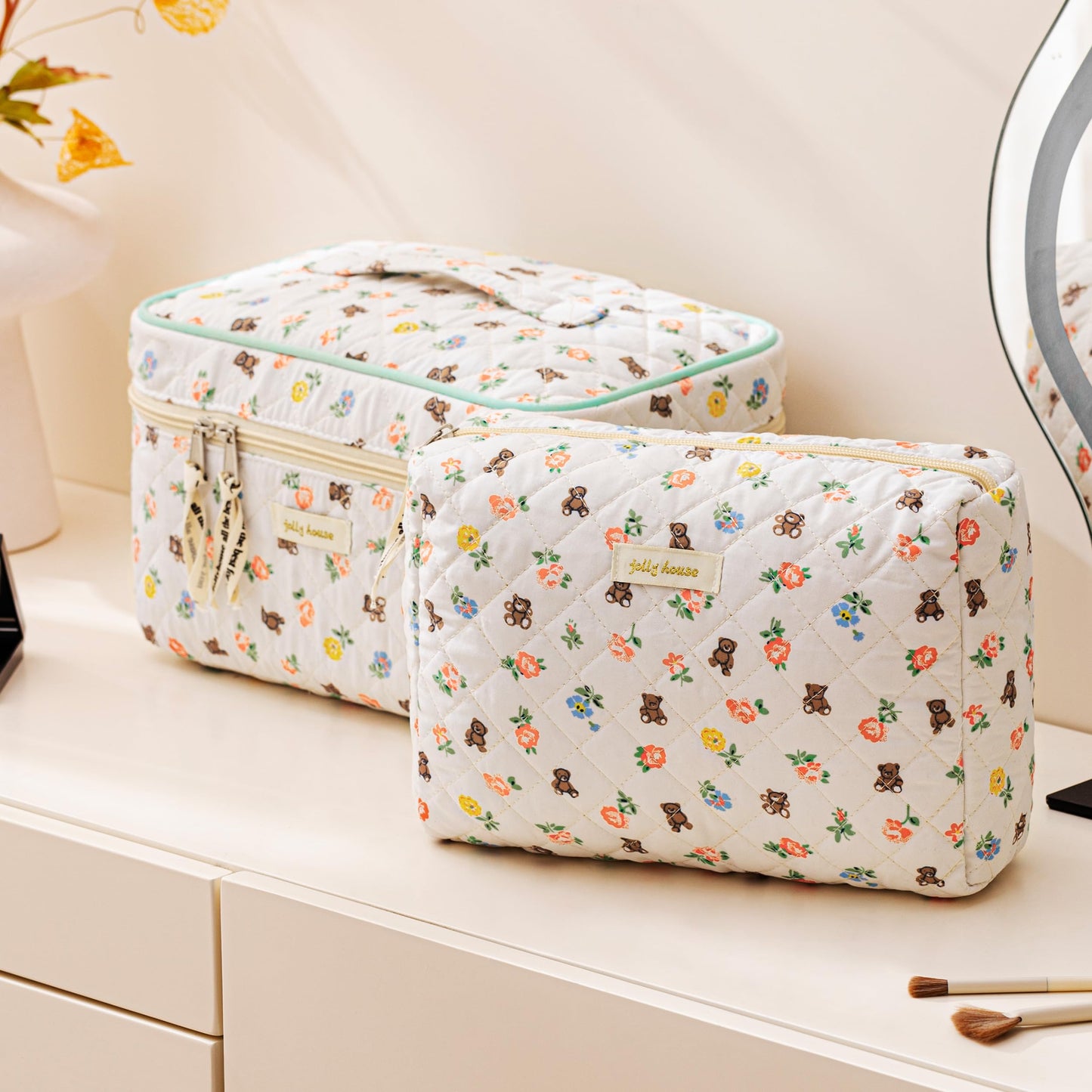 HBselect Quilted Makeup Bag, 3PCS Cotton Large Travel Makeup Bag, Cute Floral Coquette Make up Bag Cosmetic Bag Toiletry Bag for Women Girls