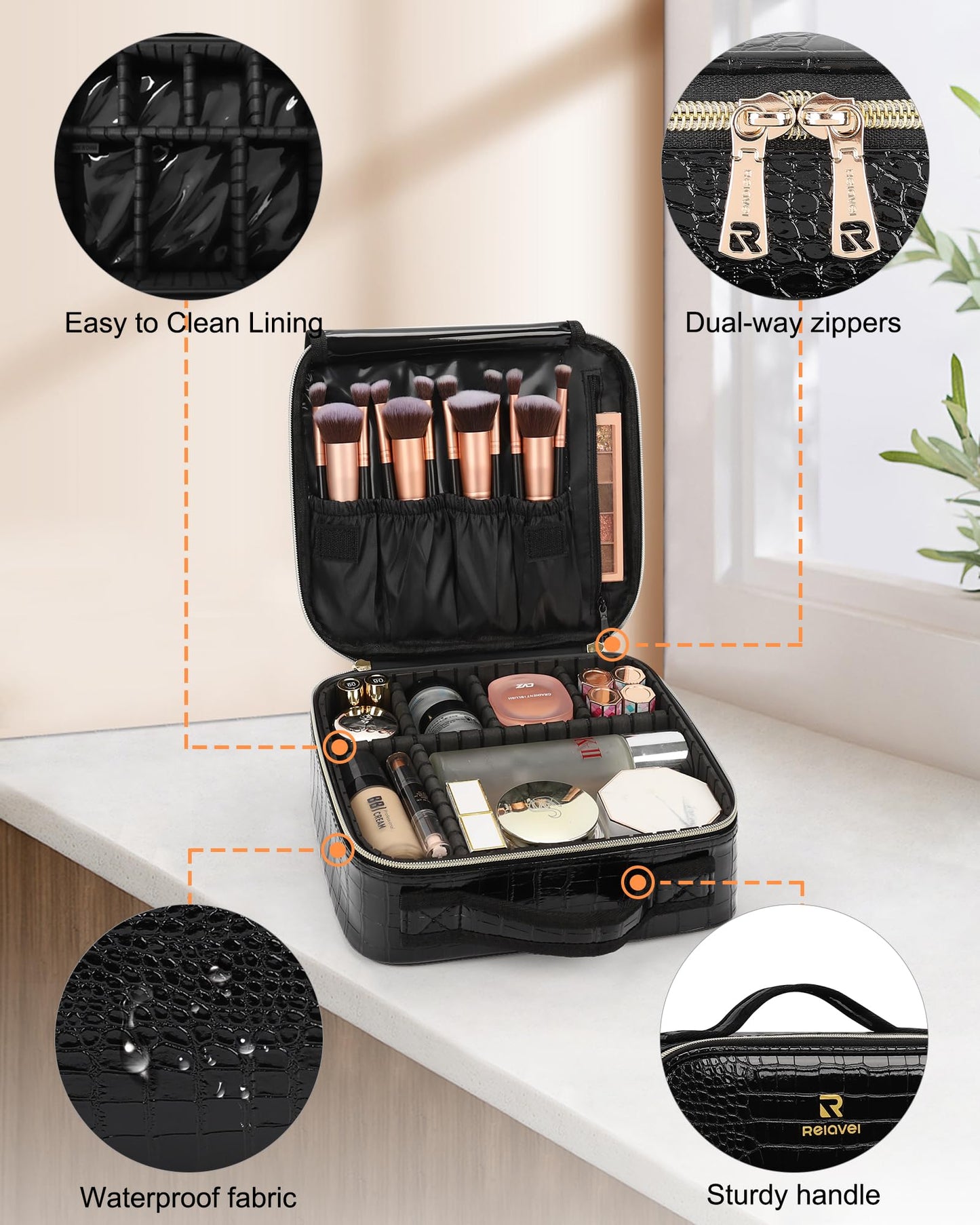 Relavel Travel Makeup Train Case Makeup Cosmetic Case Organizer Portable Artist Storage Bag with Adjustable Dividers for Cosmetics Makeup Brushes Toiletry Jewelry Digital Accessories Black