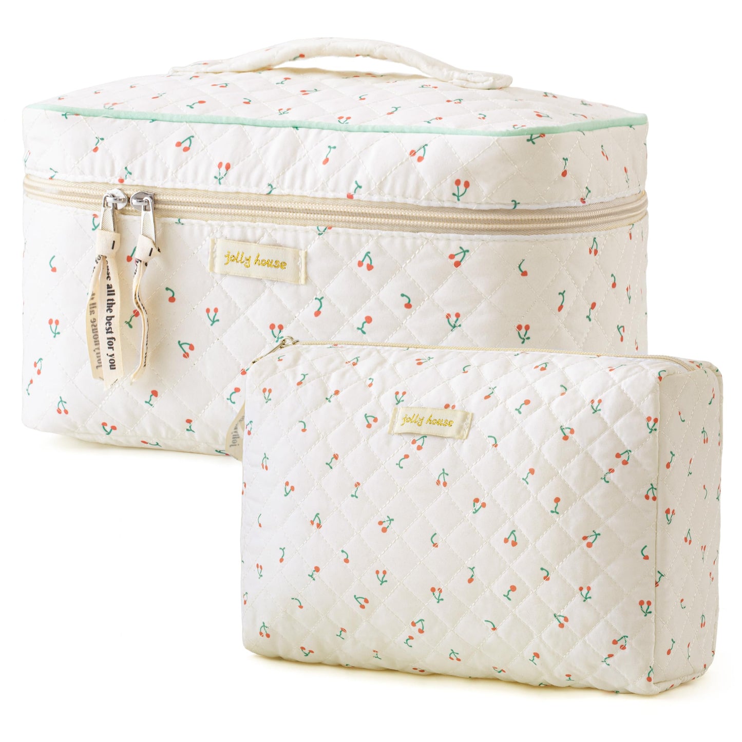 HBselect Quilted Makeup Bag, 3PCS Cotton Large Travel Makeup Bag, Cute Floral Coquette Make up Bag Cosmetic Bag Toiletry Bag for Women Girls